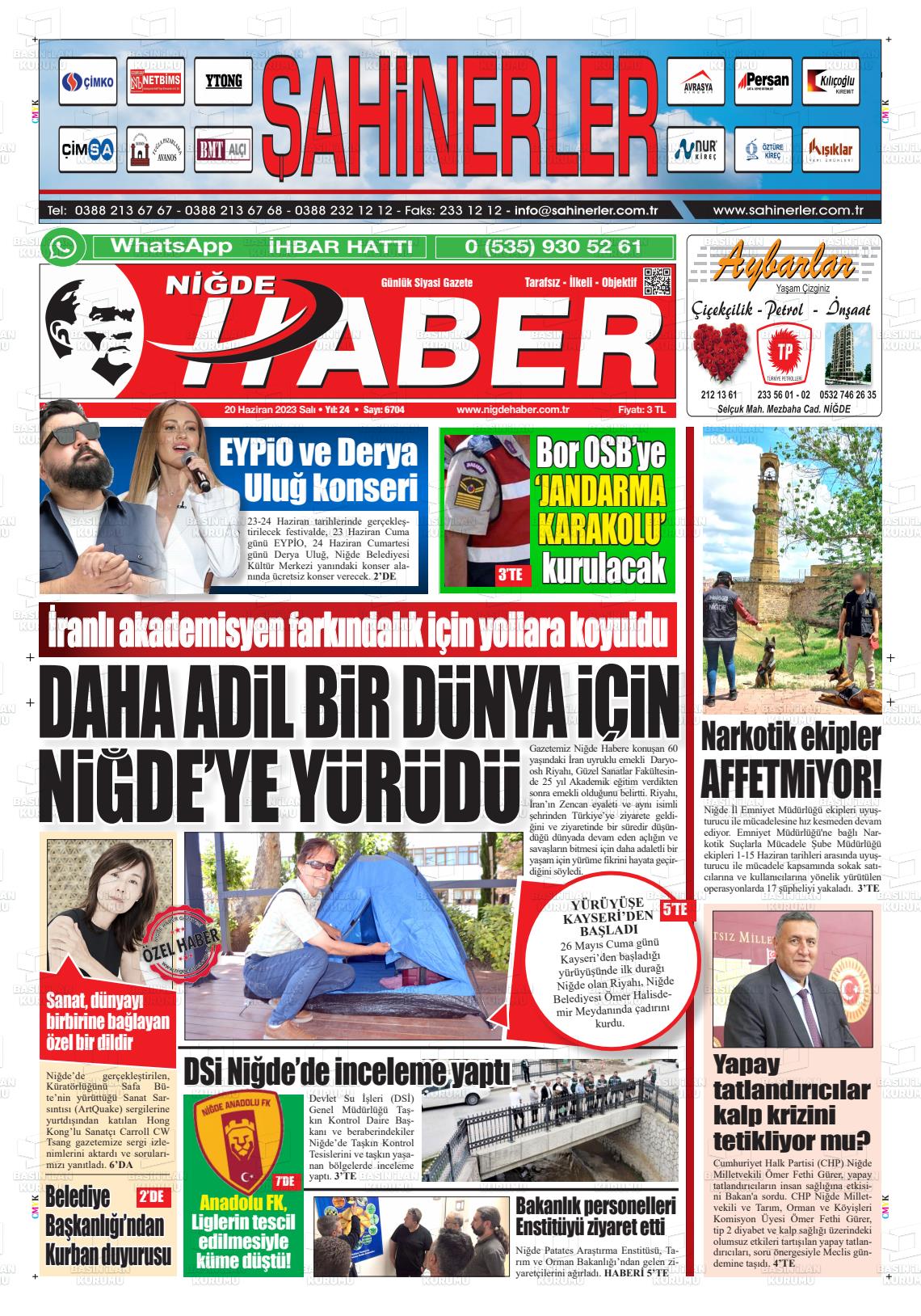 20 Haziran 2023 Niğde Haber Gazete Manşeti