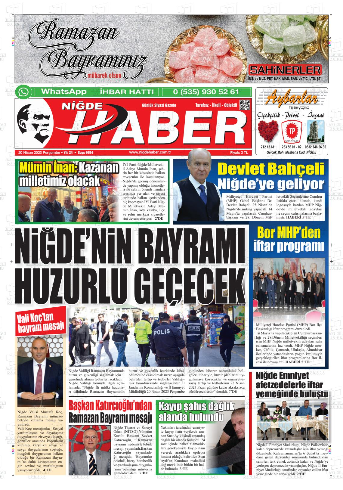 20 Nisan 2023 Niğde Haber Gazete Manşeti