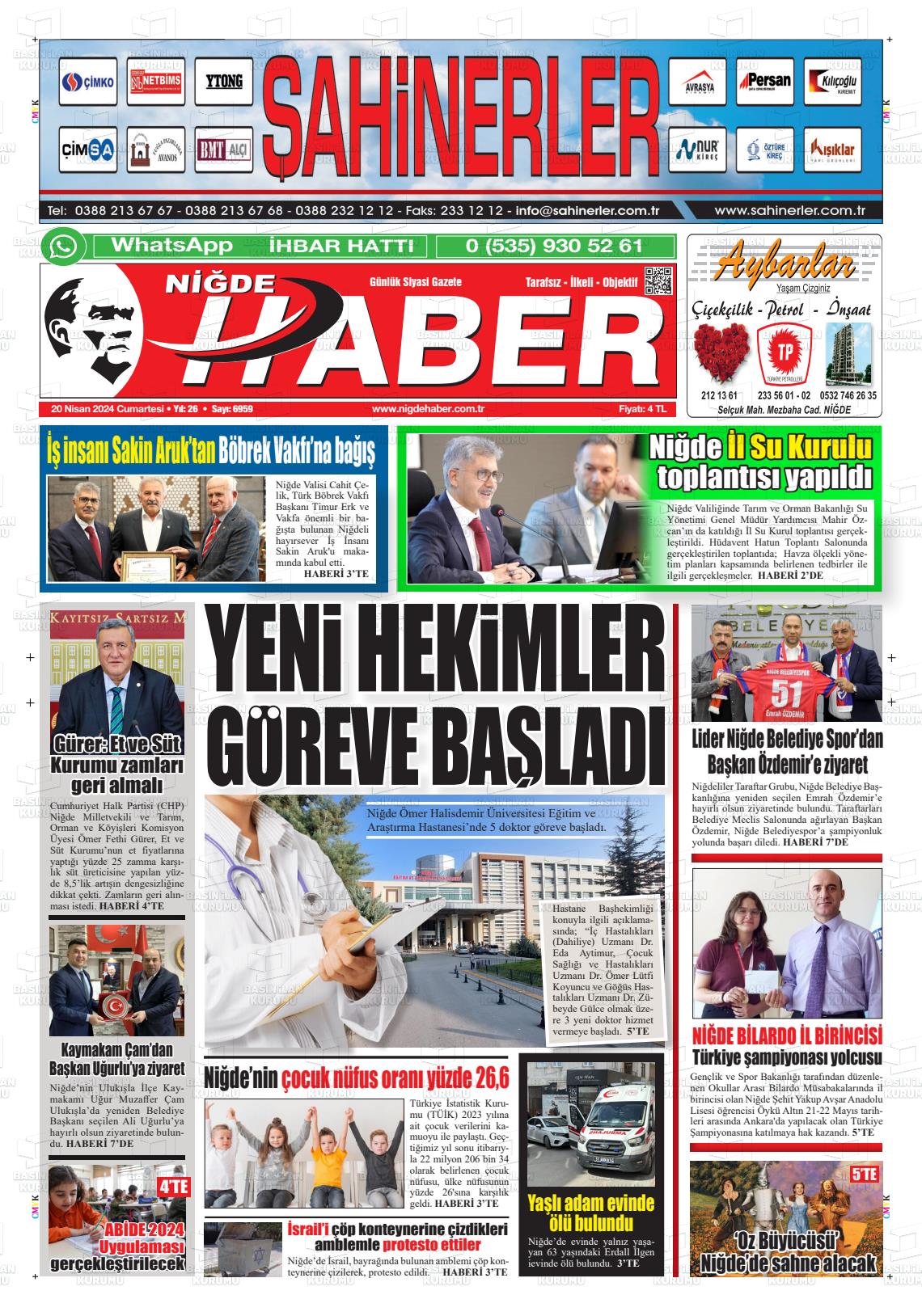 20 Nisan 2024 Niğde Haber Gazete Manşeti