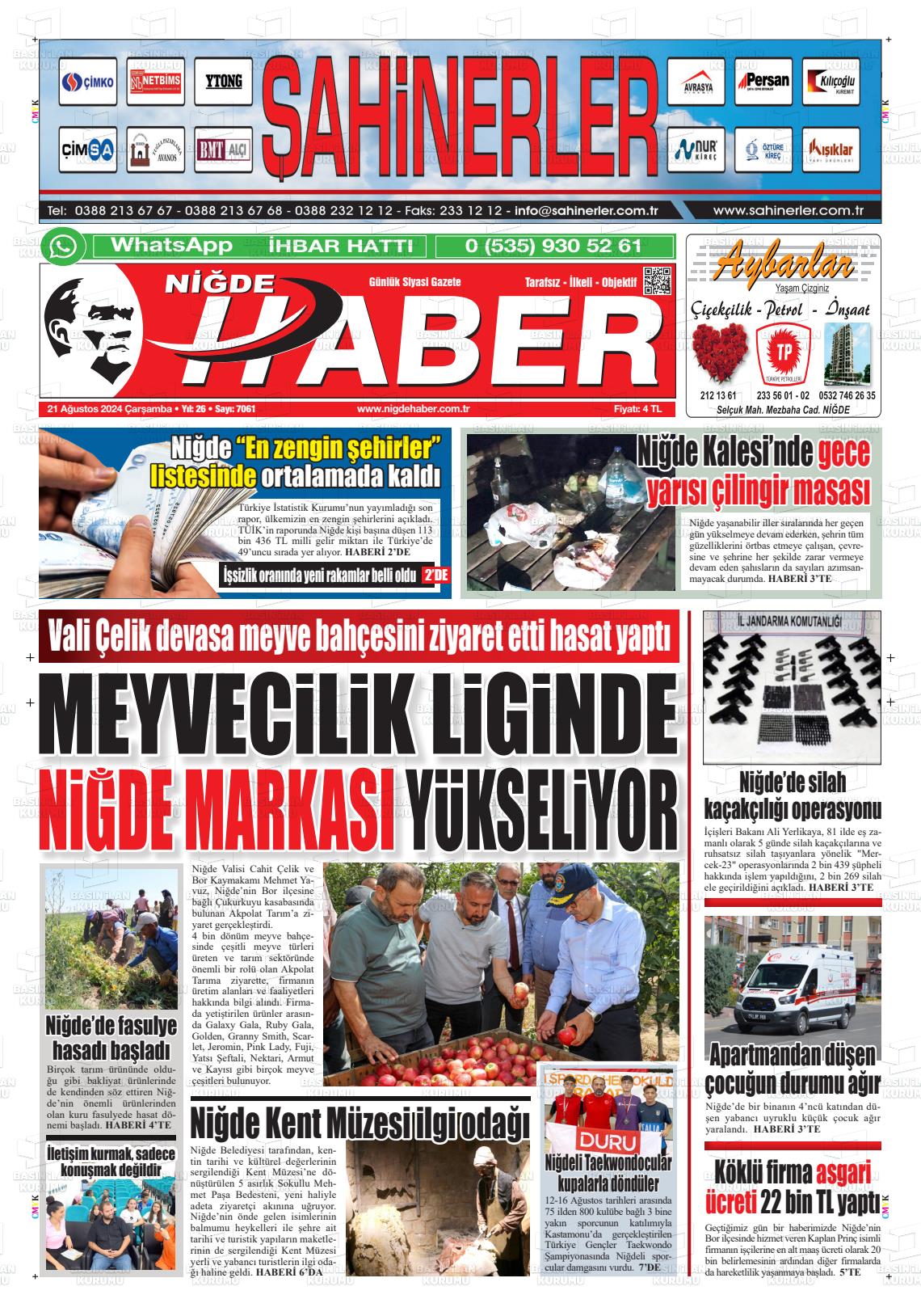 21 Ağustos 2024 Niğde Haber Gazete Manşeti