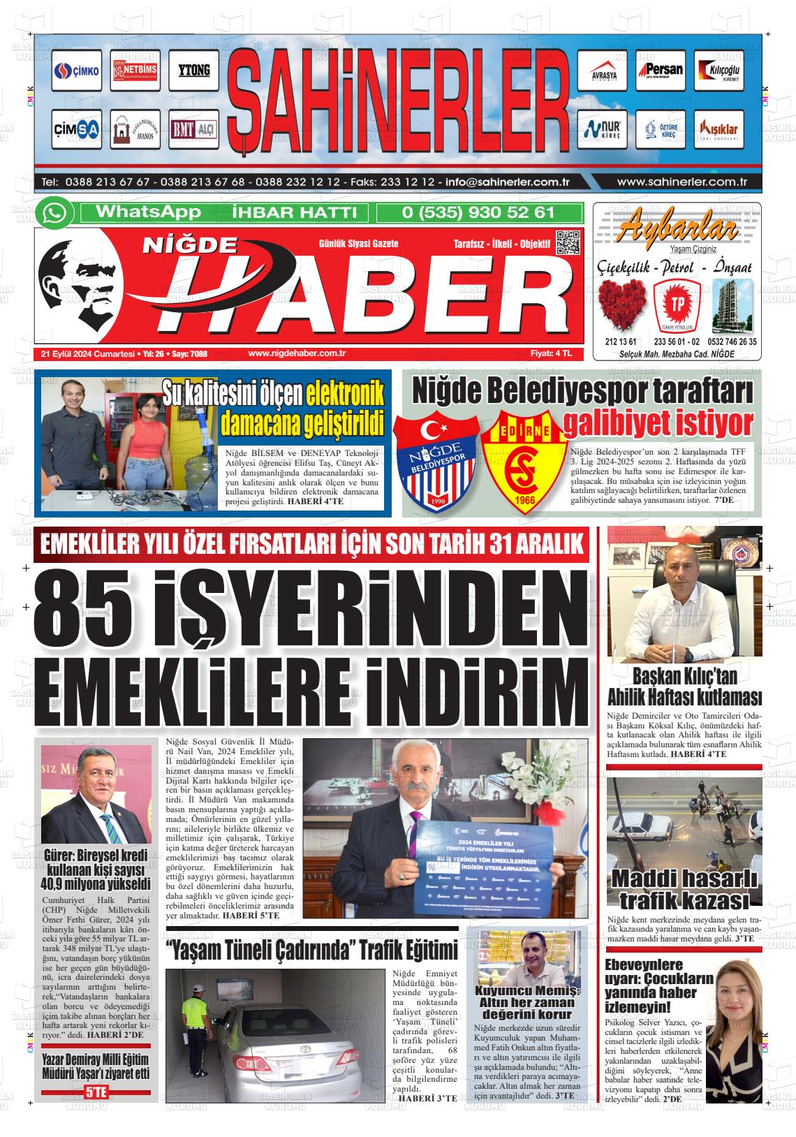 21 Eylül 2024 Niğde Haber Gazete Manşeti