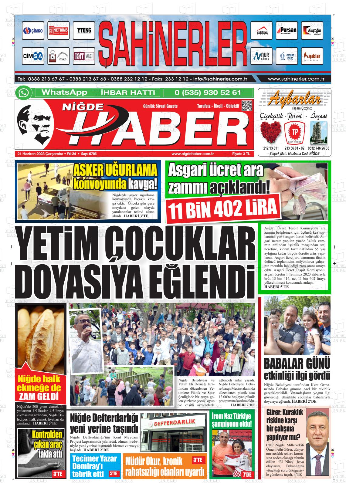 21 Haziran 2023 Niğde Haber Gazete Manşeti