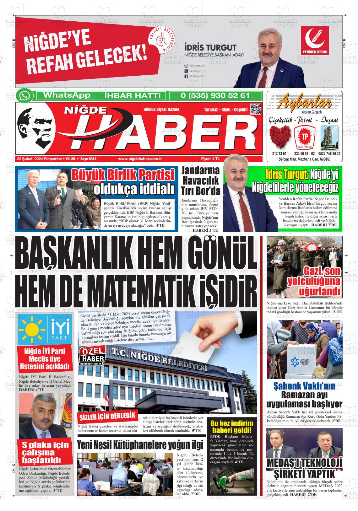 22 Şubat 2024 Niğde Haber Gazete Manşeti