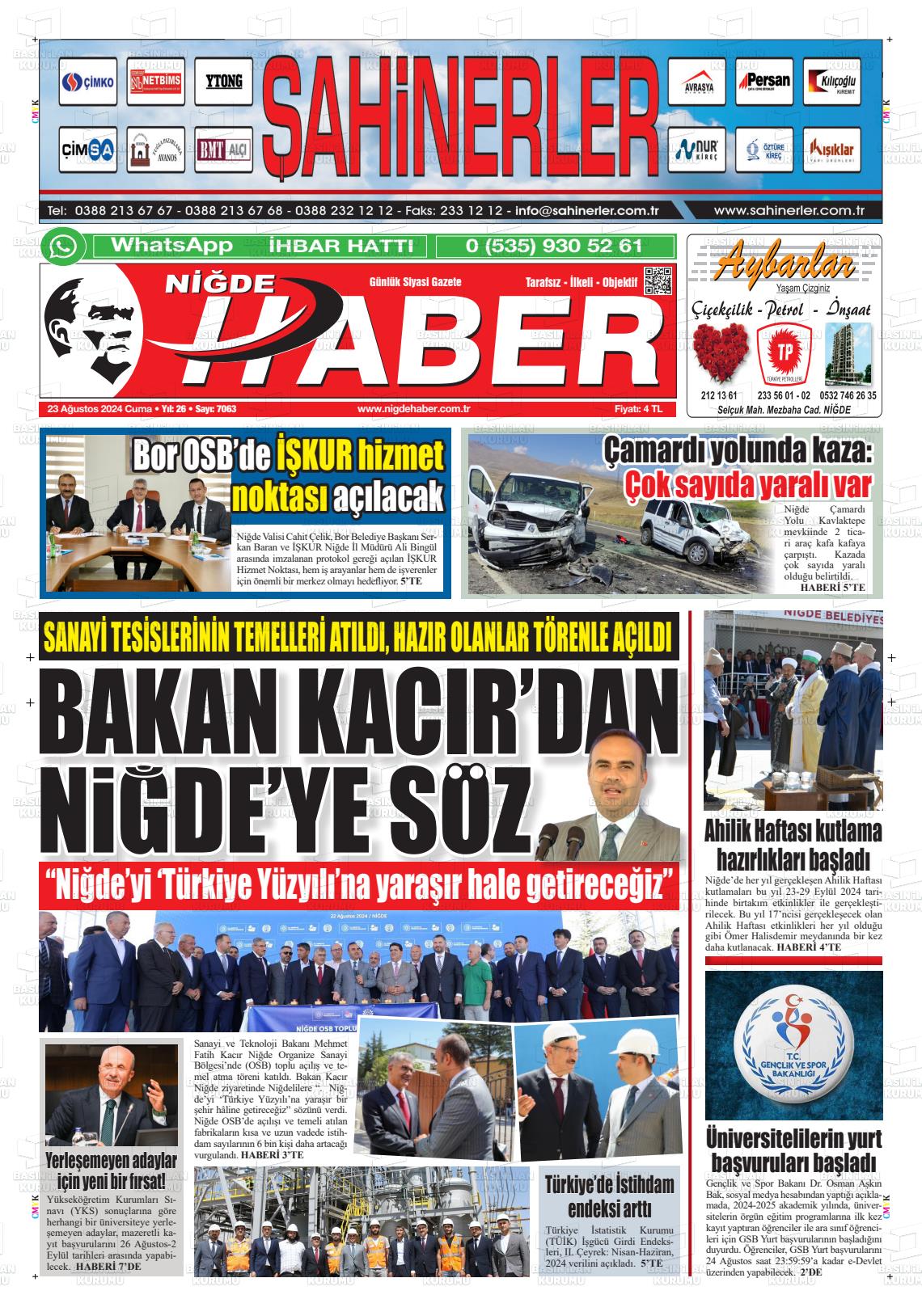 23 Ağustos 2024 Niğde Haber Gazete Manşeti