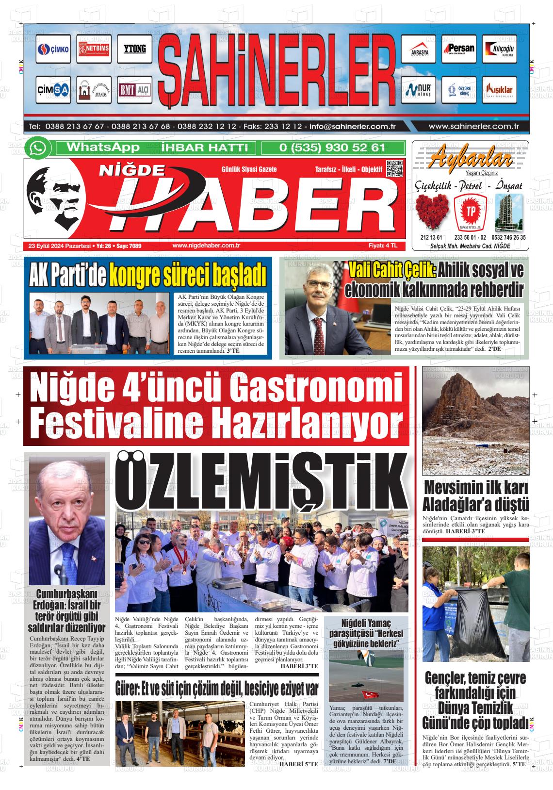 23 Eylül 2024 Niğde Haber Gazete Manşeti