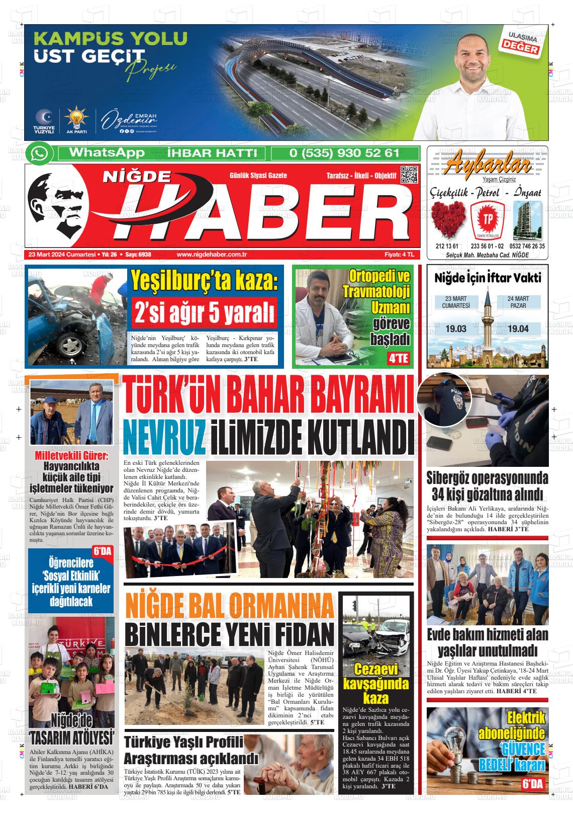 23 Mart 2024 Niğde Haber Gazete Manşeti