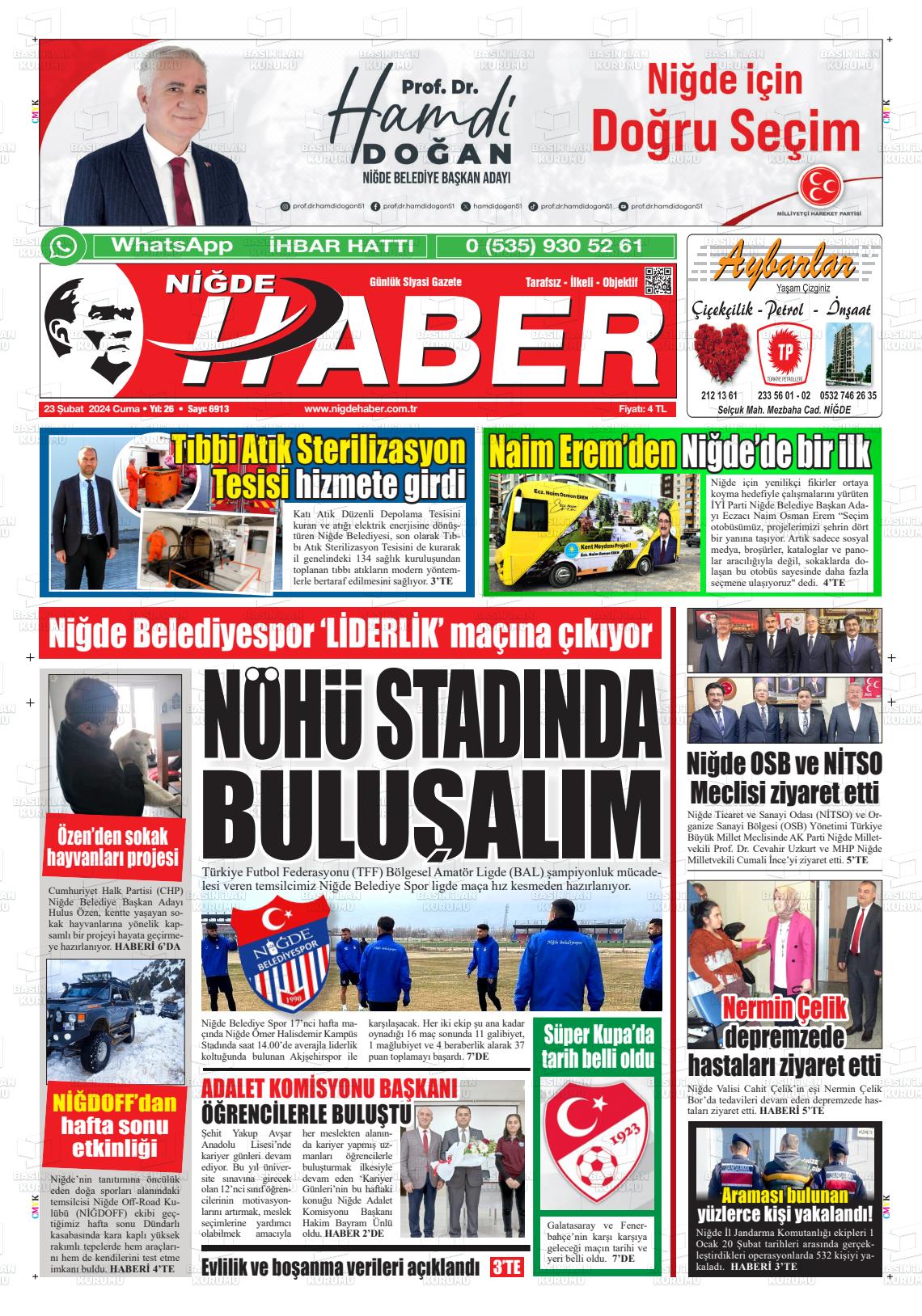 23 Şubat 2024 Niğde Haber Gazete Manşeti