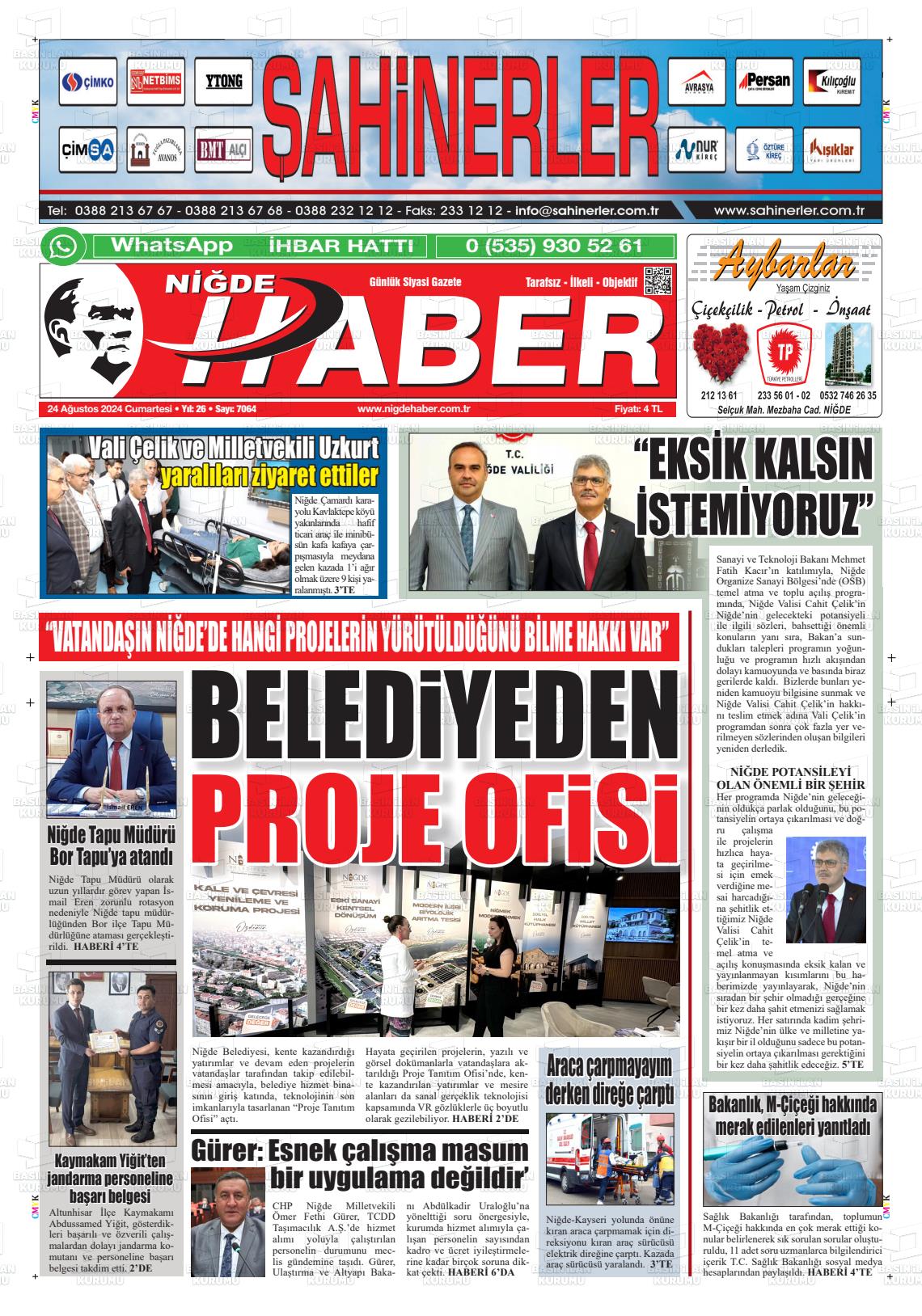 24 Ağustos 2024 Niğde Haber Gazete Manşeti