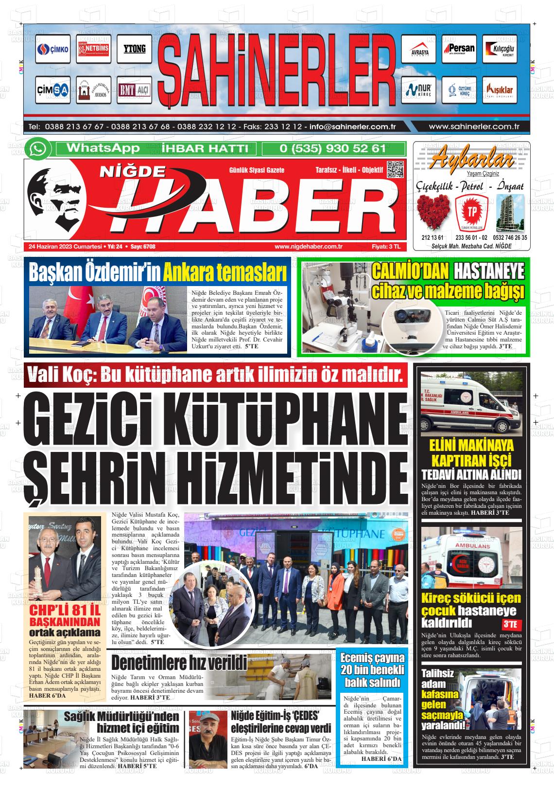 24 Haziran 2023 Niğde Haber Gazete Manşeti