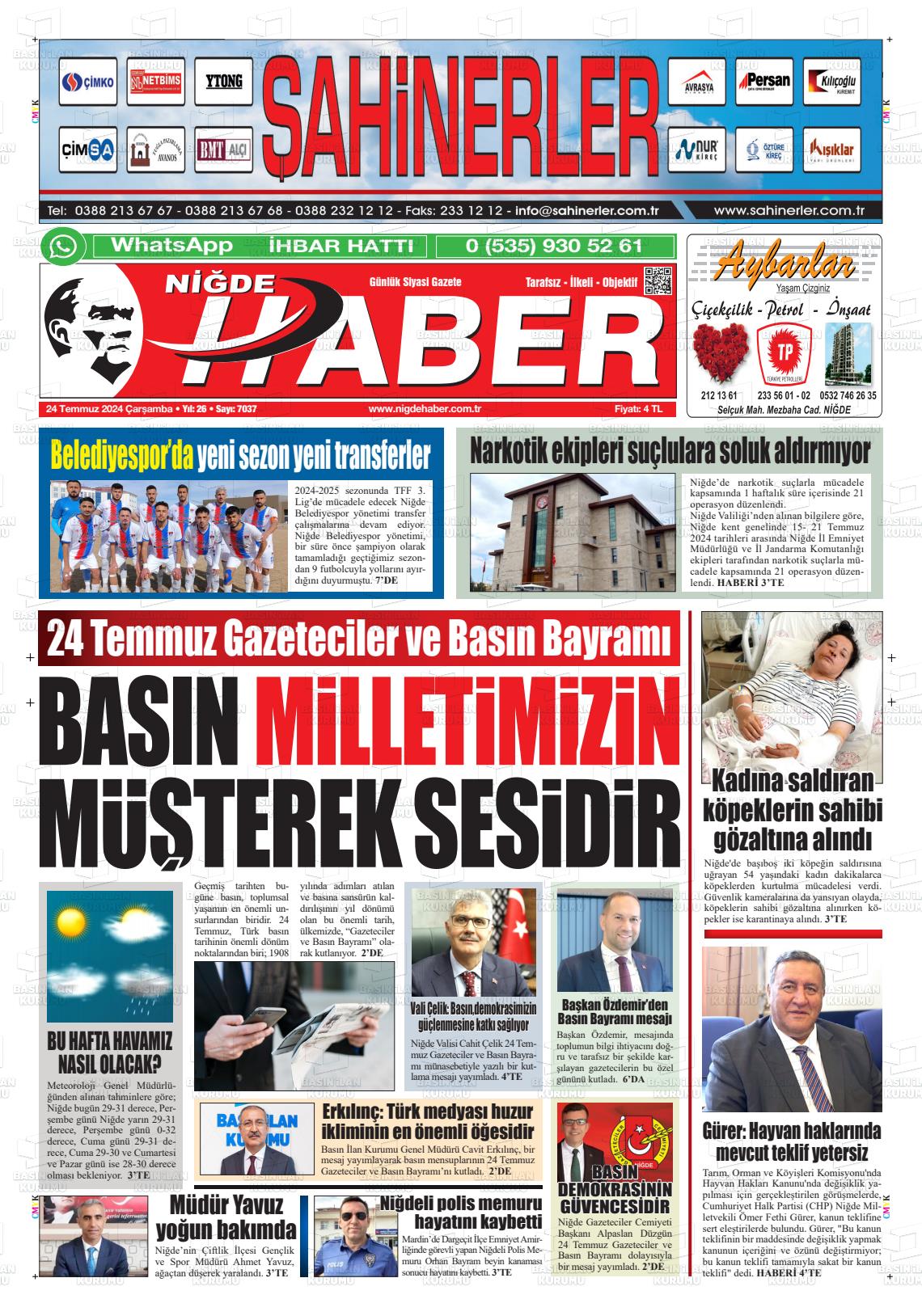 24 Temmuz 2024 Niğde Haber Gazete Manşeti