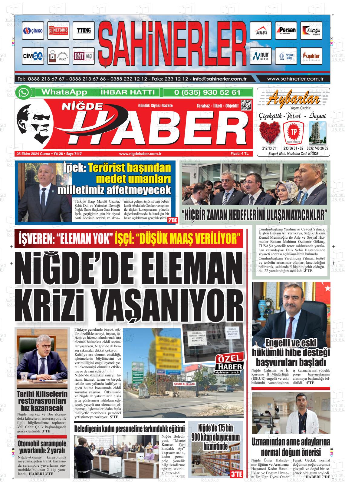 25 Ekim 2024 Niğde Haber Gazete Manşeti