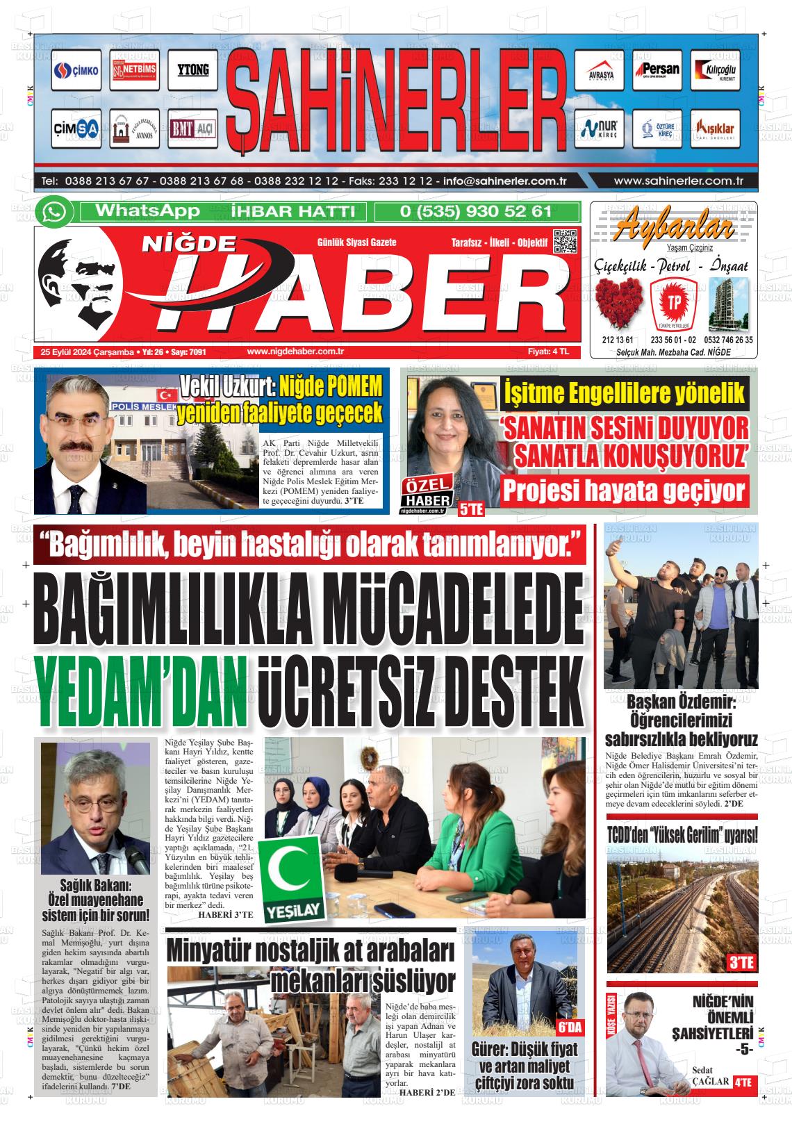 25 Eylül 2024 Niğde Haber Gazete Manşeti