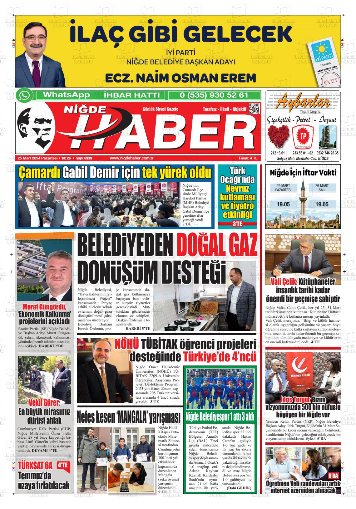 25 Mart 2024 Niğde Haber Gazete Manşeti