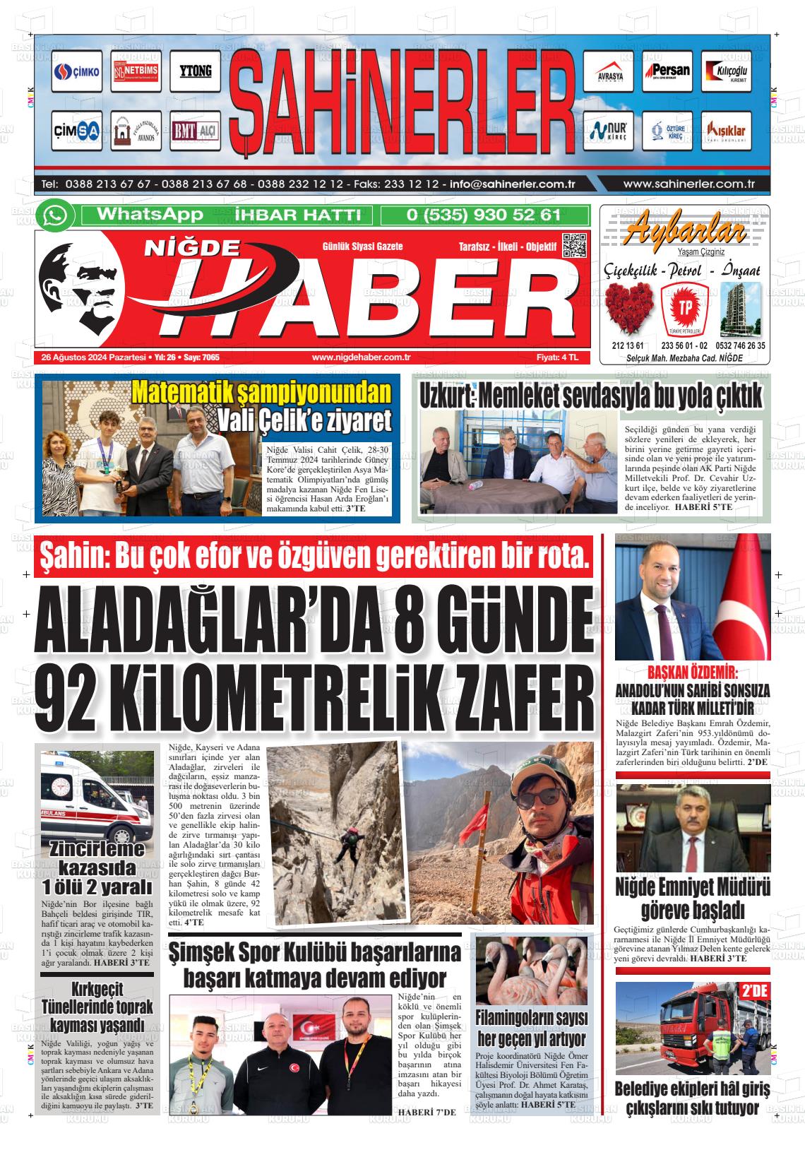 26 Ağustos 2024 Niğde Haber Gazete Manşeti