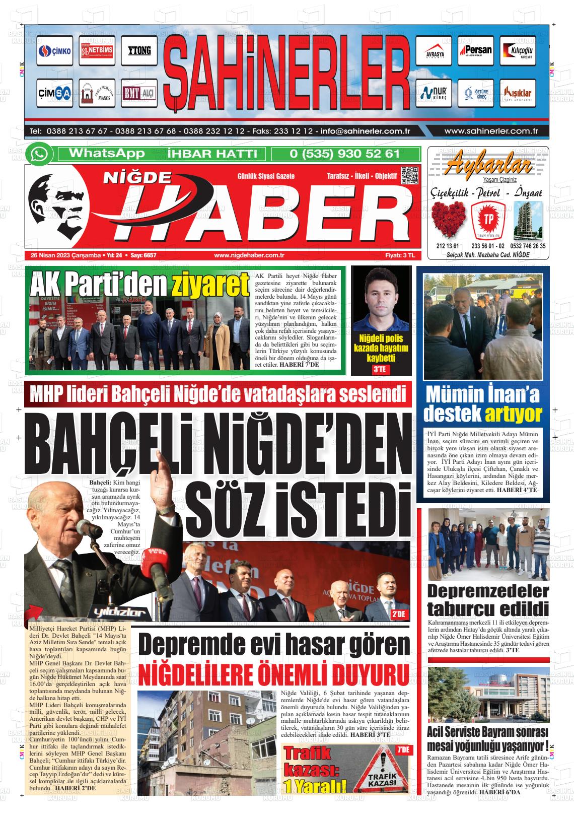 26 Nisan 2023 Niğde Haber Gazete Manşeti