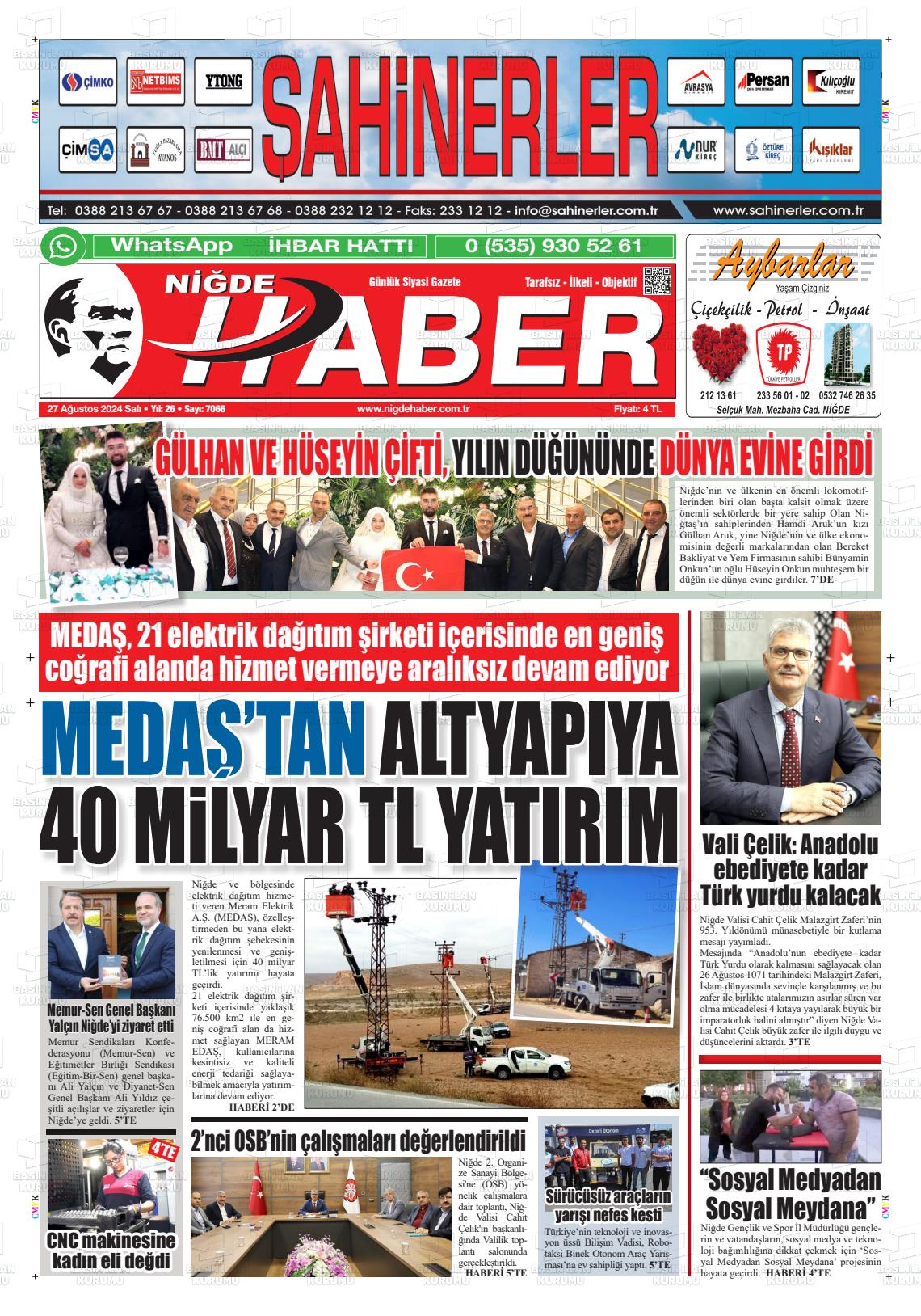 27 Ağustos 2024 Niğde Haber Gazete Manşeti