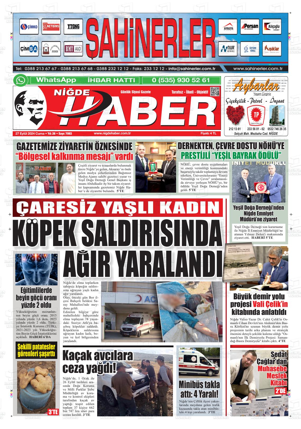 27 Eylül 2024 Niğde Haber Gazete Manşeti