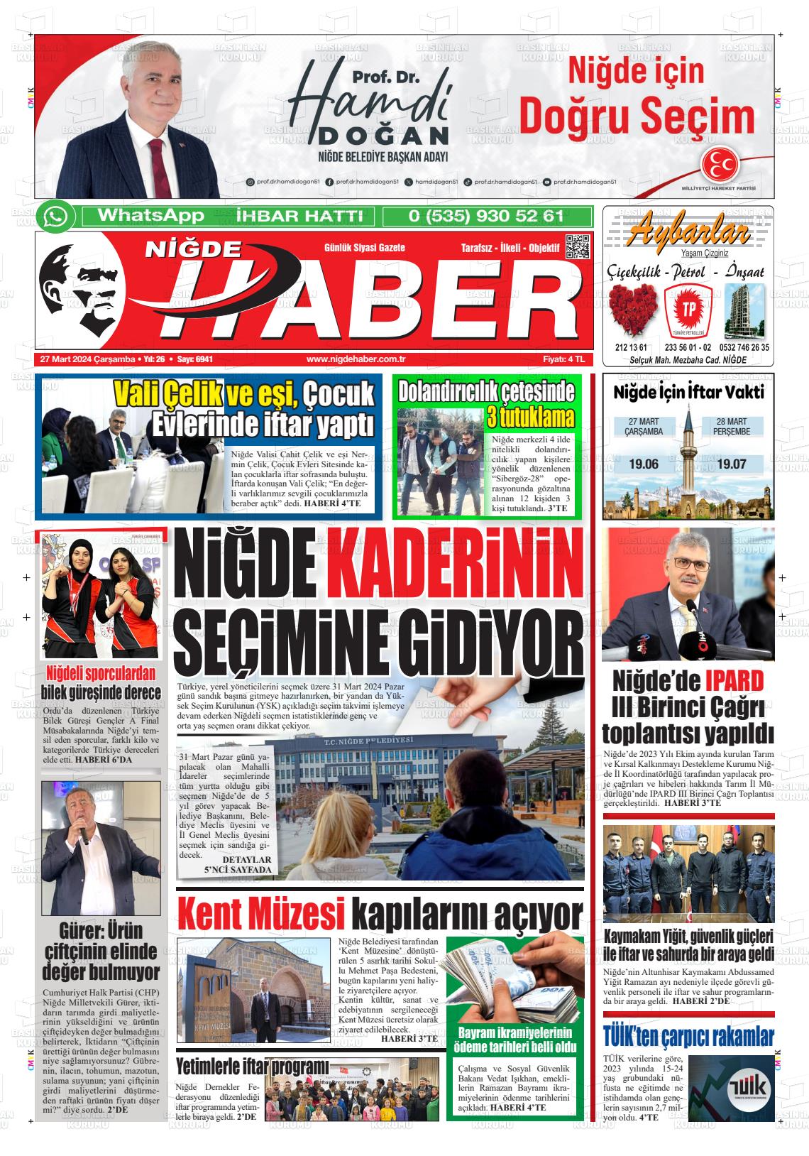 27 Mart 2024 Niğde Haber Gazete Manşeti