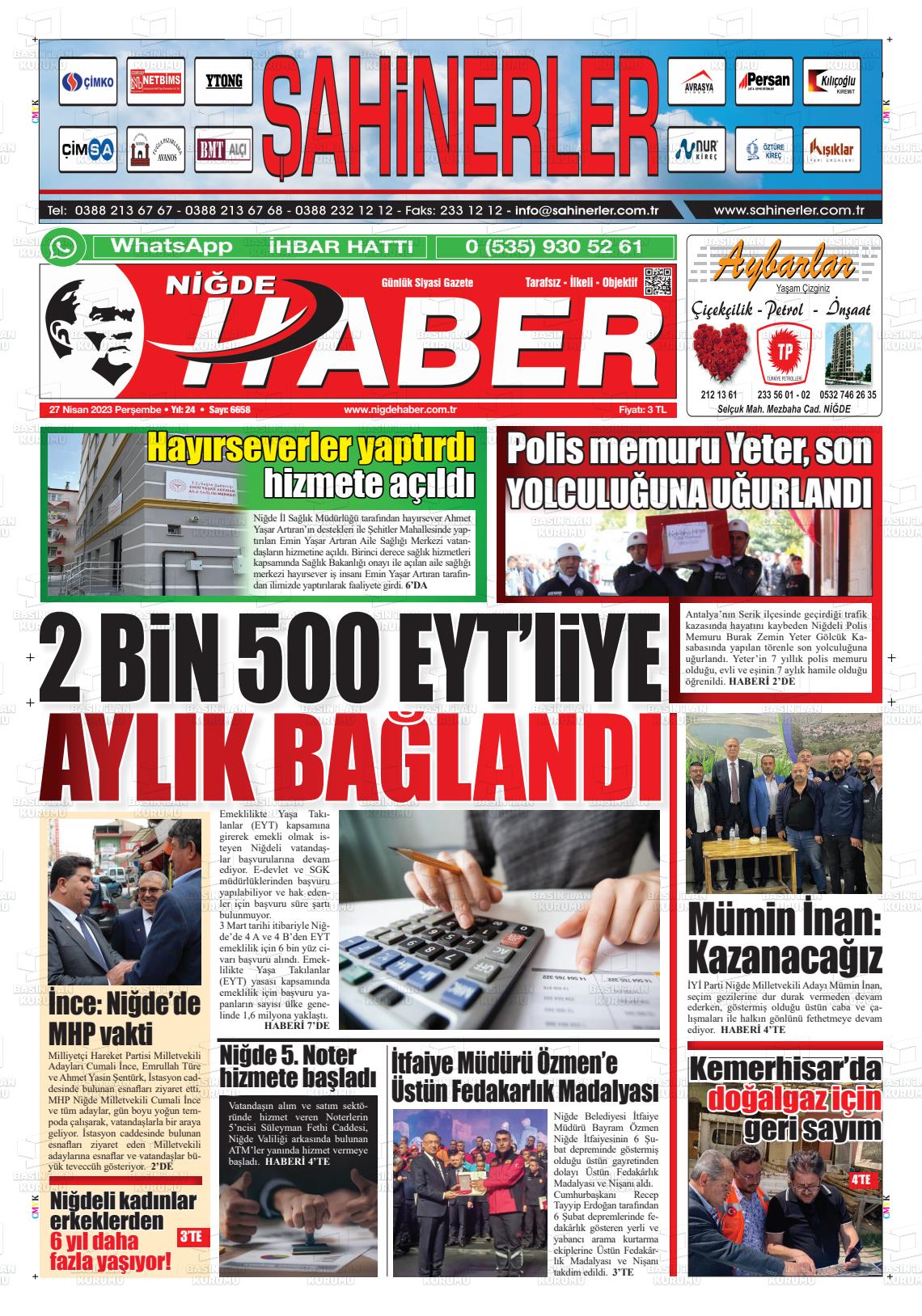 27 Nisan 2023 Niğde Haber Gazete Manşeti