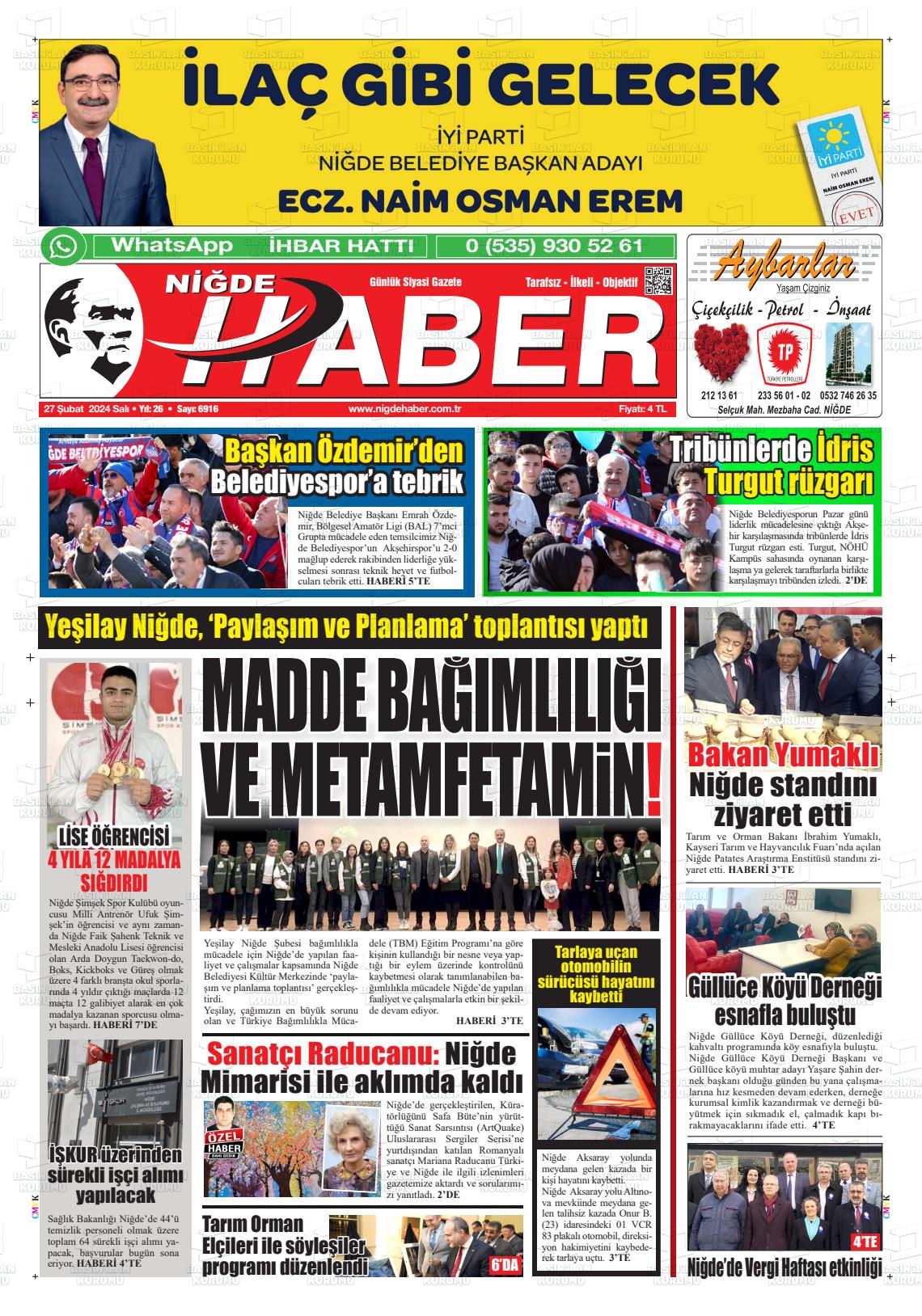 27 Şubat 2024 Niğde Haber Gazete Manşeti