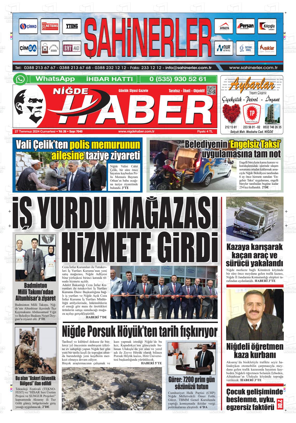 27 Temmuz 2024 Niğde Haber Gazete Manşeti