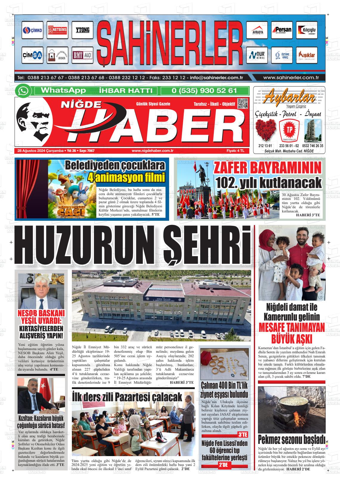 28 Ağustos 2024 Niğde Haber Gazete Manşeti