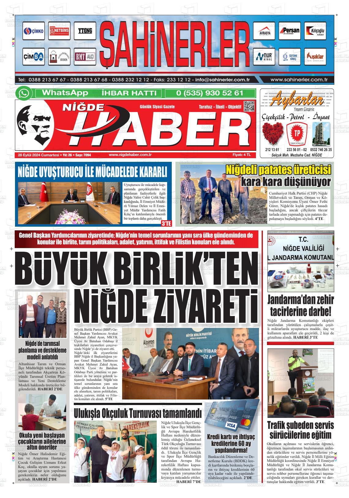 28 Eylül 2024 Niğde Haber Gazete Manşeti