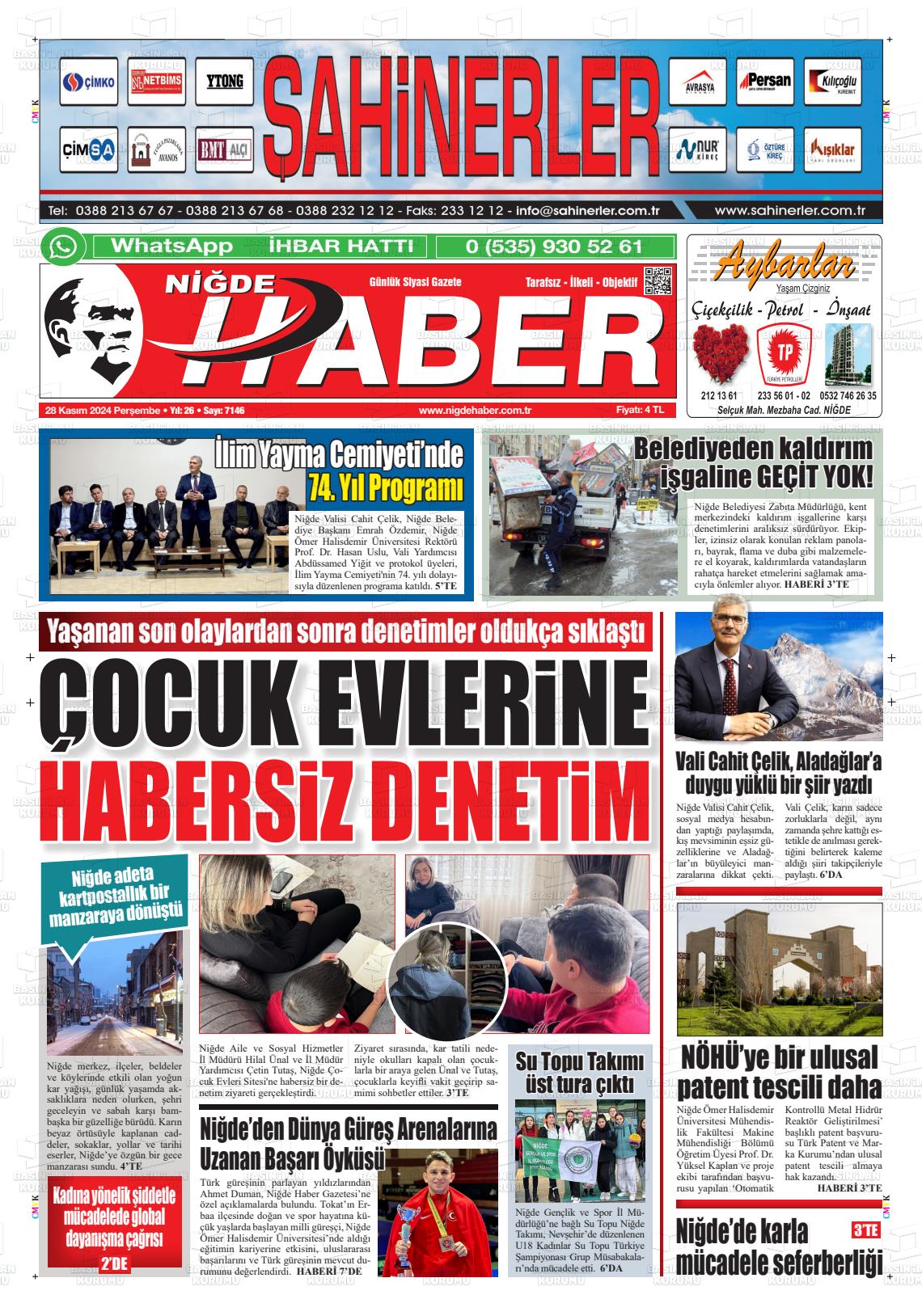 22 Aralık 2024 Niğde Haber Gazete Manşeti