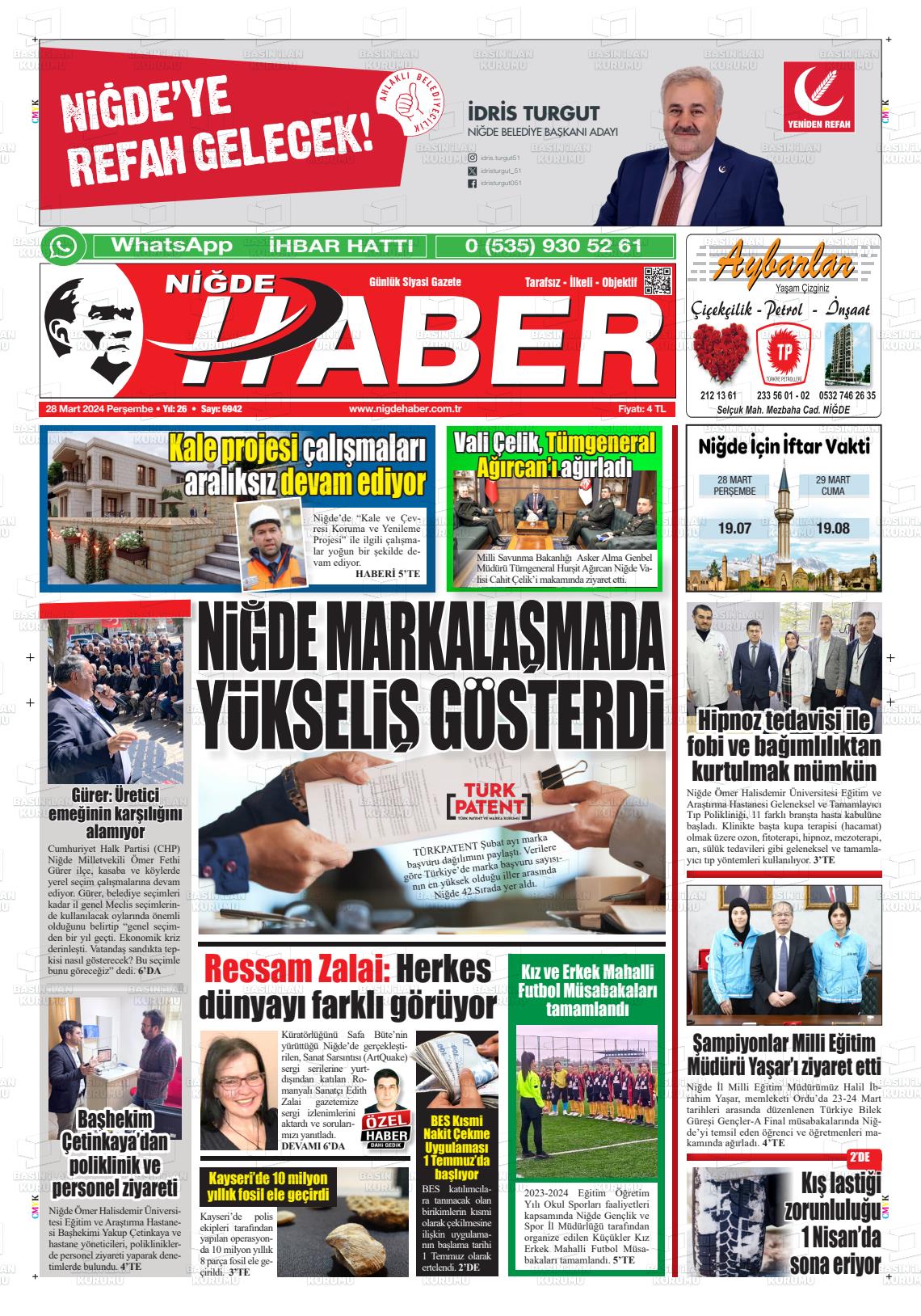 28 Mart 2024 Niğde Haber Gazete Manşeti