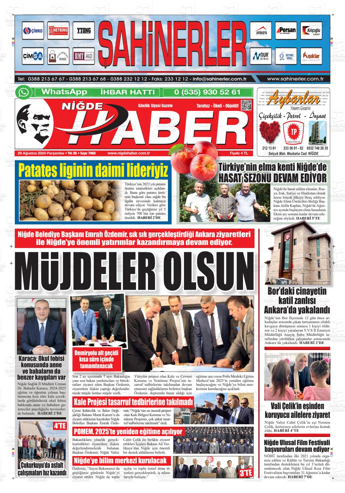 29 Ağustos 2024 Niğde Haber Gazete Manşeti