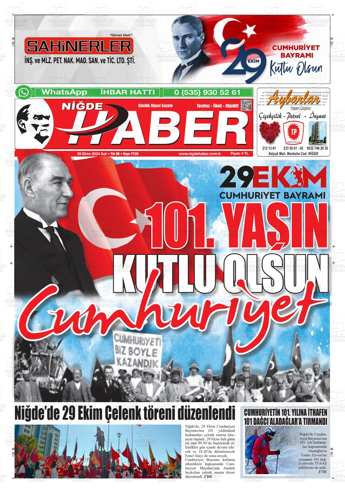 29 Ekim 2024 Niğde Haber Gazete Manşeti