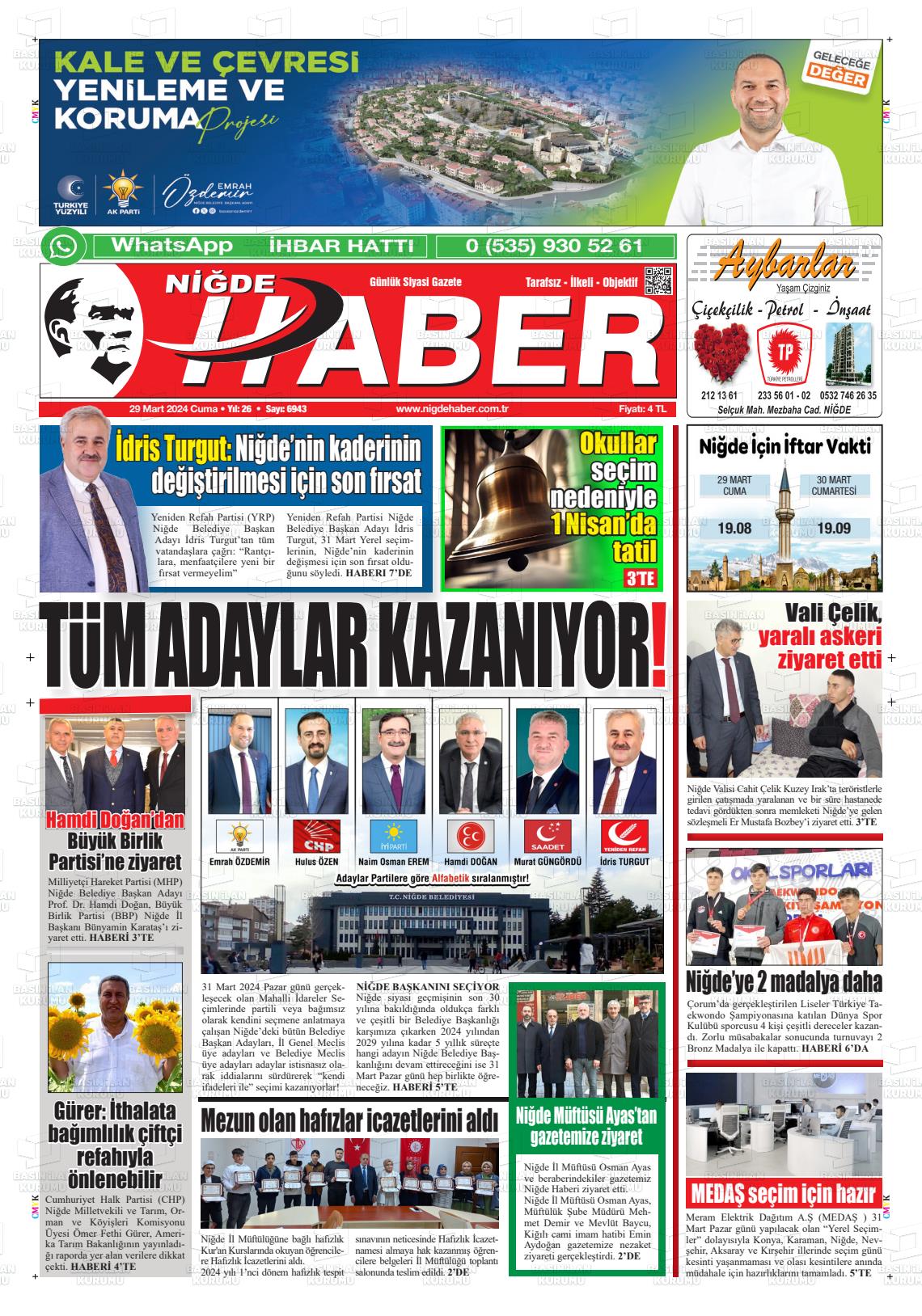 29 Mart 2024 Niğde Haber Gazete Manşeti