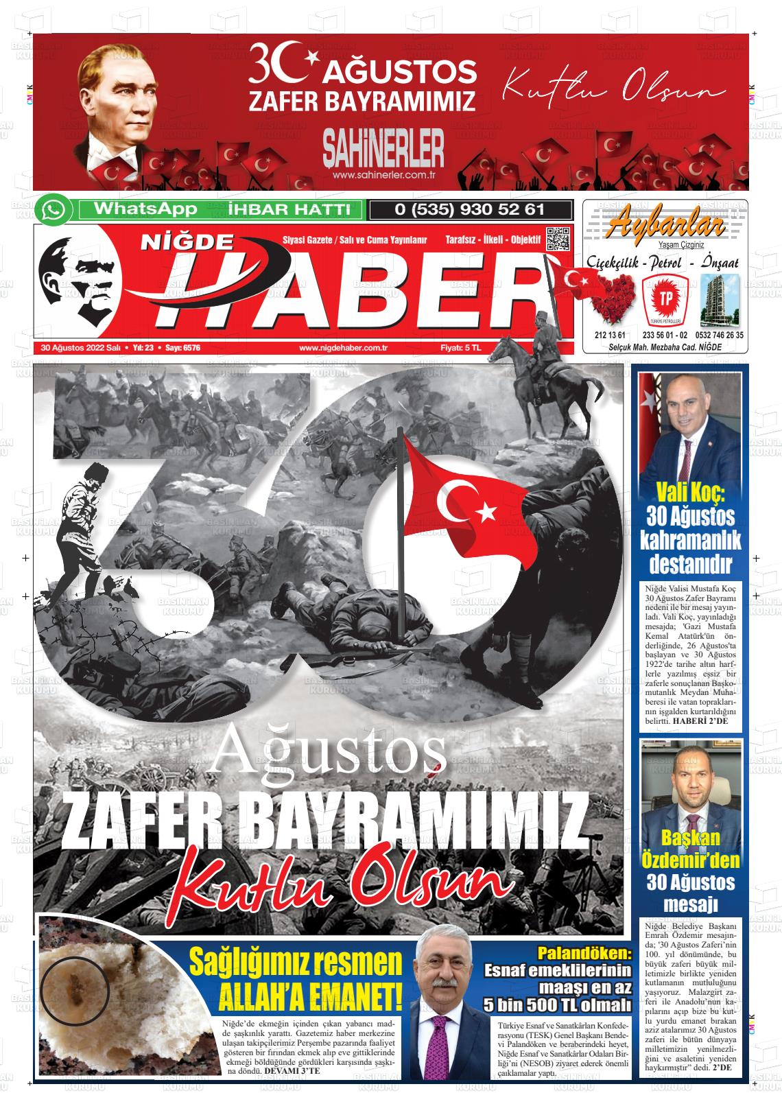 30 Ağustos 2022 Niğde Haber Gazete Manşeti