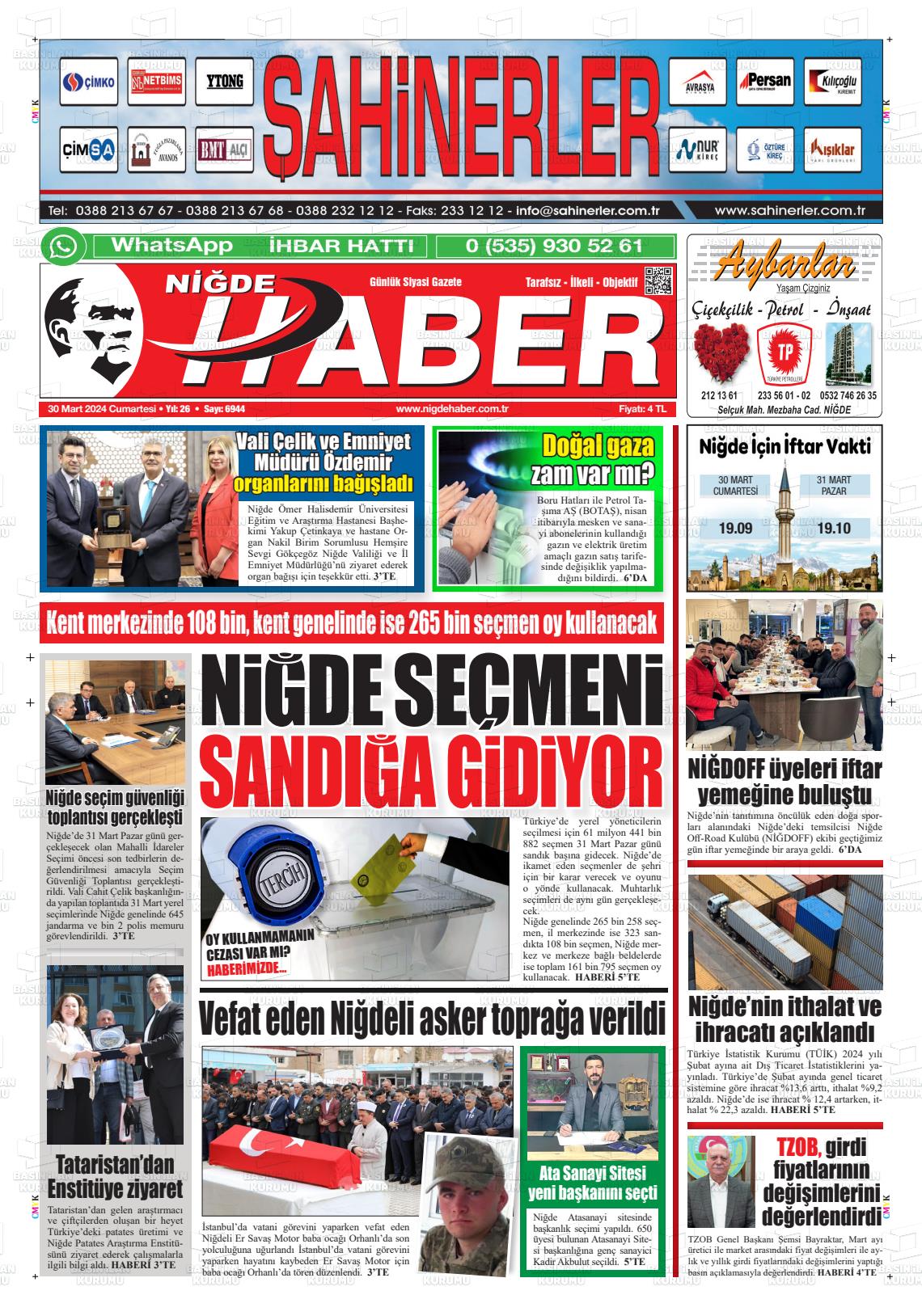 30 Mart 2024 Niğde Haber Gazete Manşeti