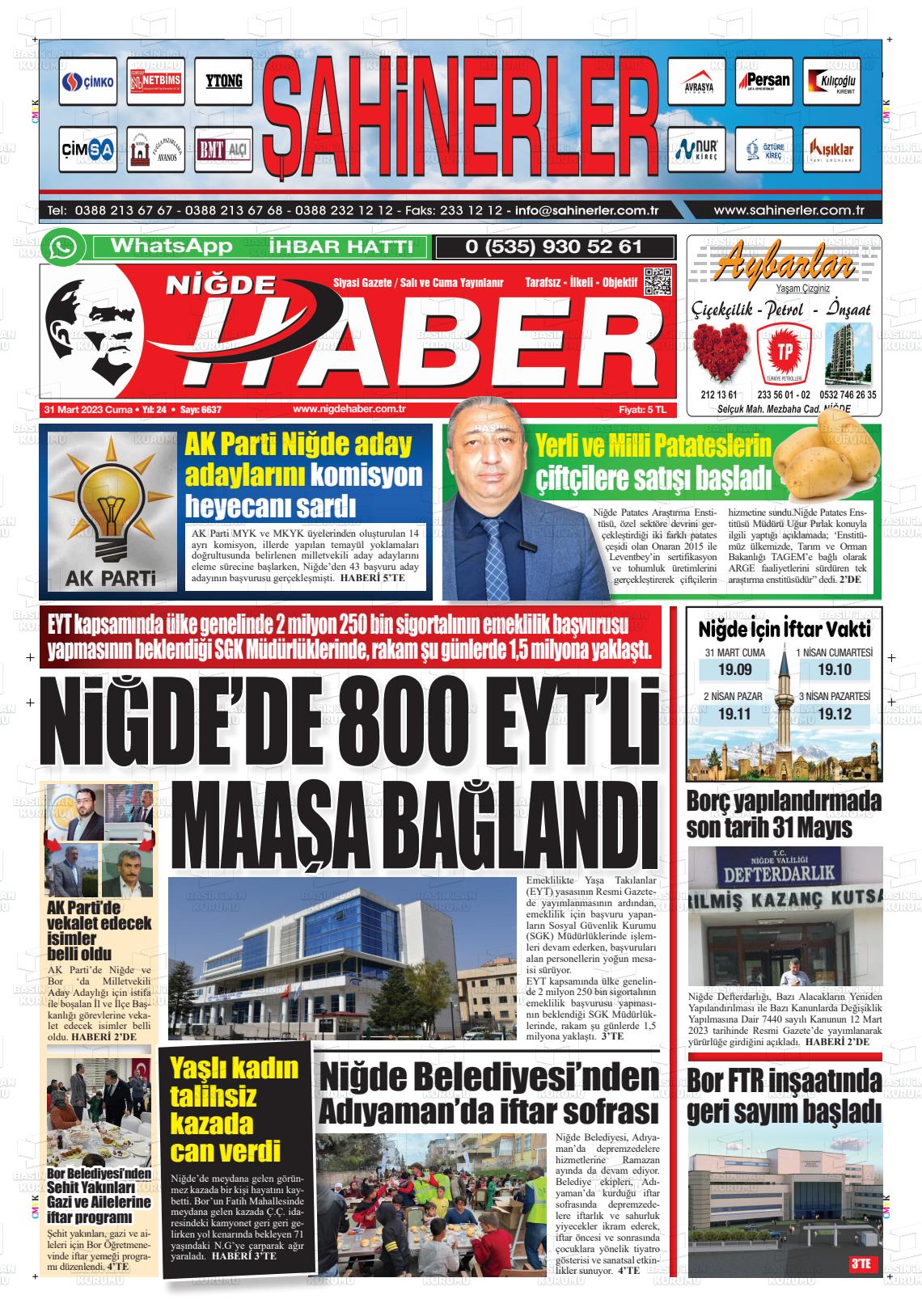 31 Mart 2023 Niğde Haber Gazete Manşeti