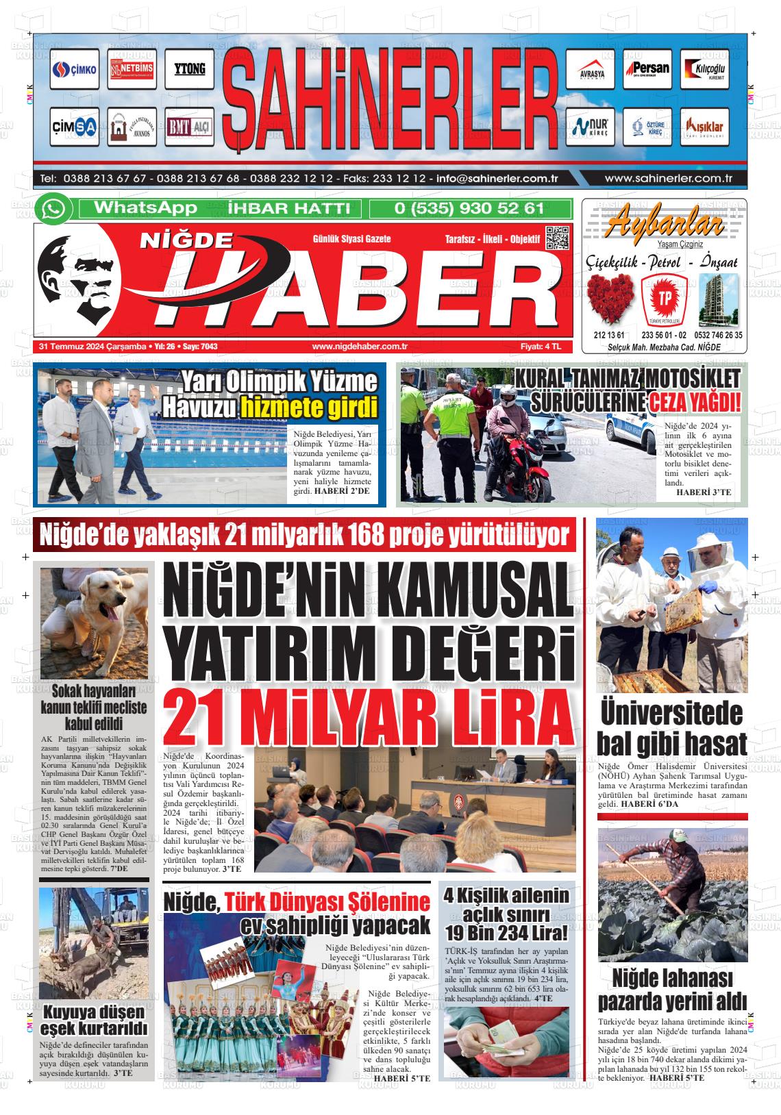 31 Temmuz 2024 Niğde Haber Gazete Manşeti