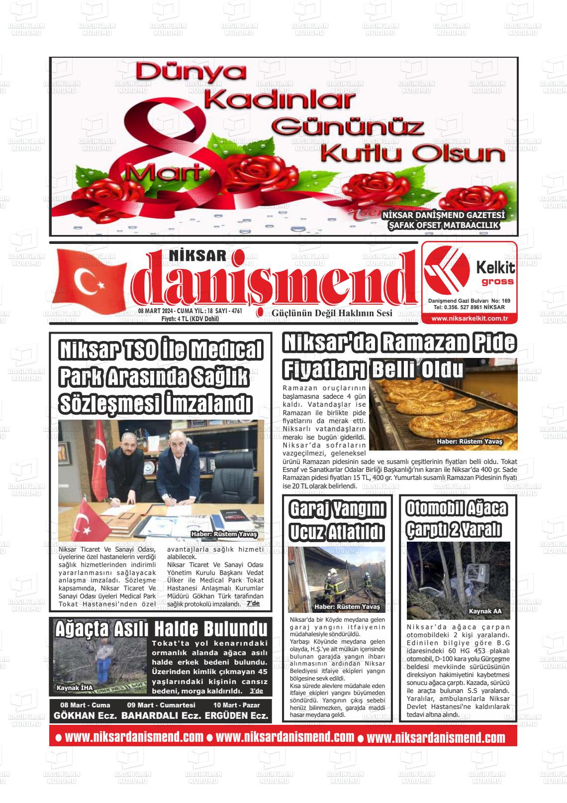 08 Mart 2024 Niksar Danişmend Gazete Manşeti