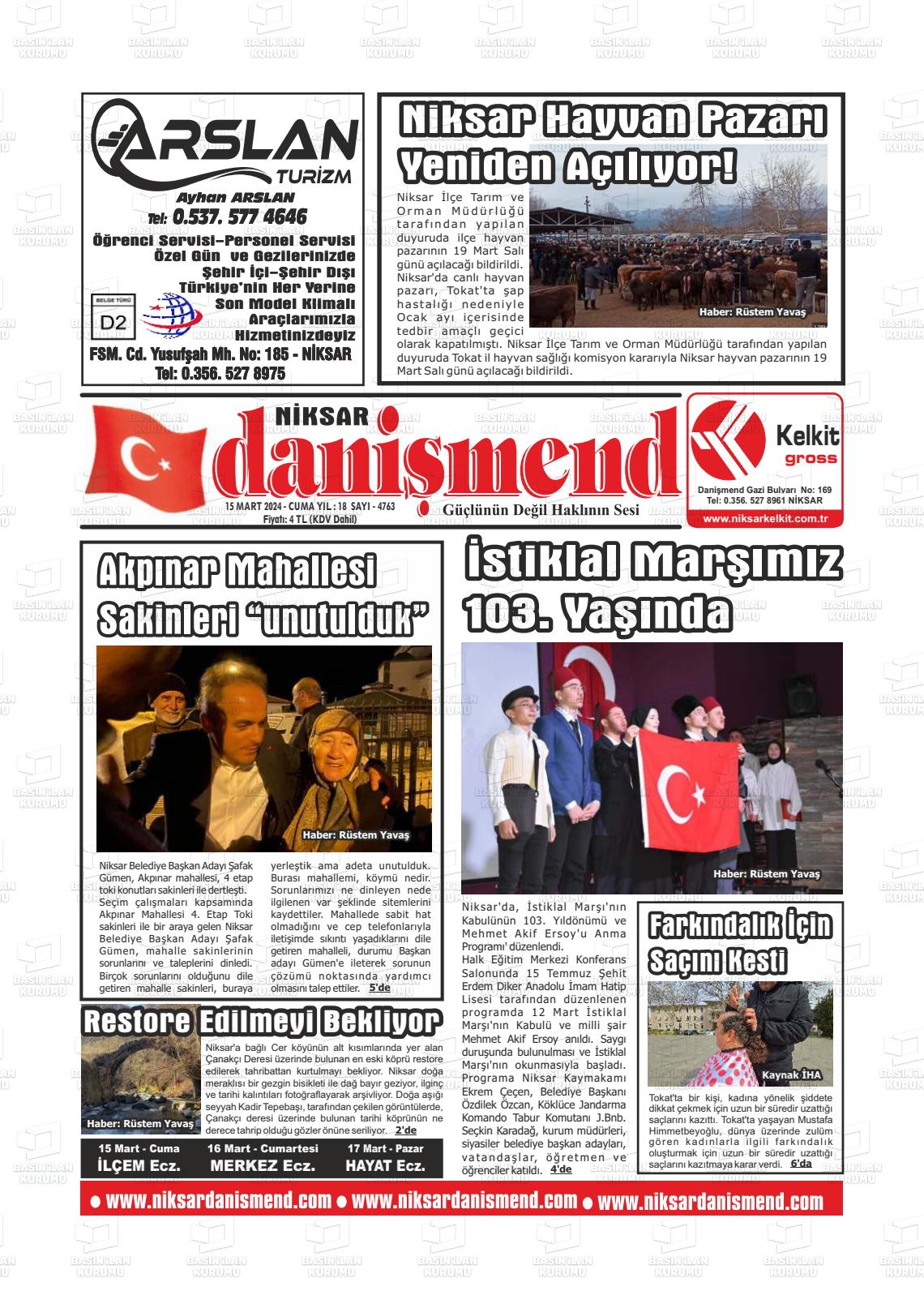 15 Mart 2024 Niksar Danişmend Gazete Manşeti