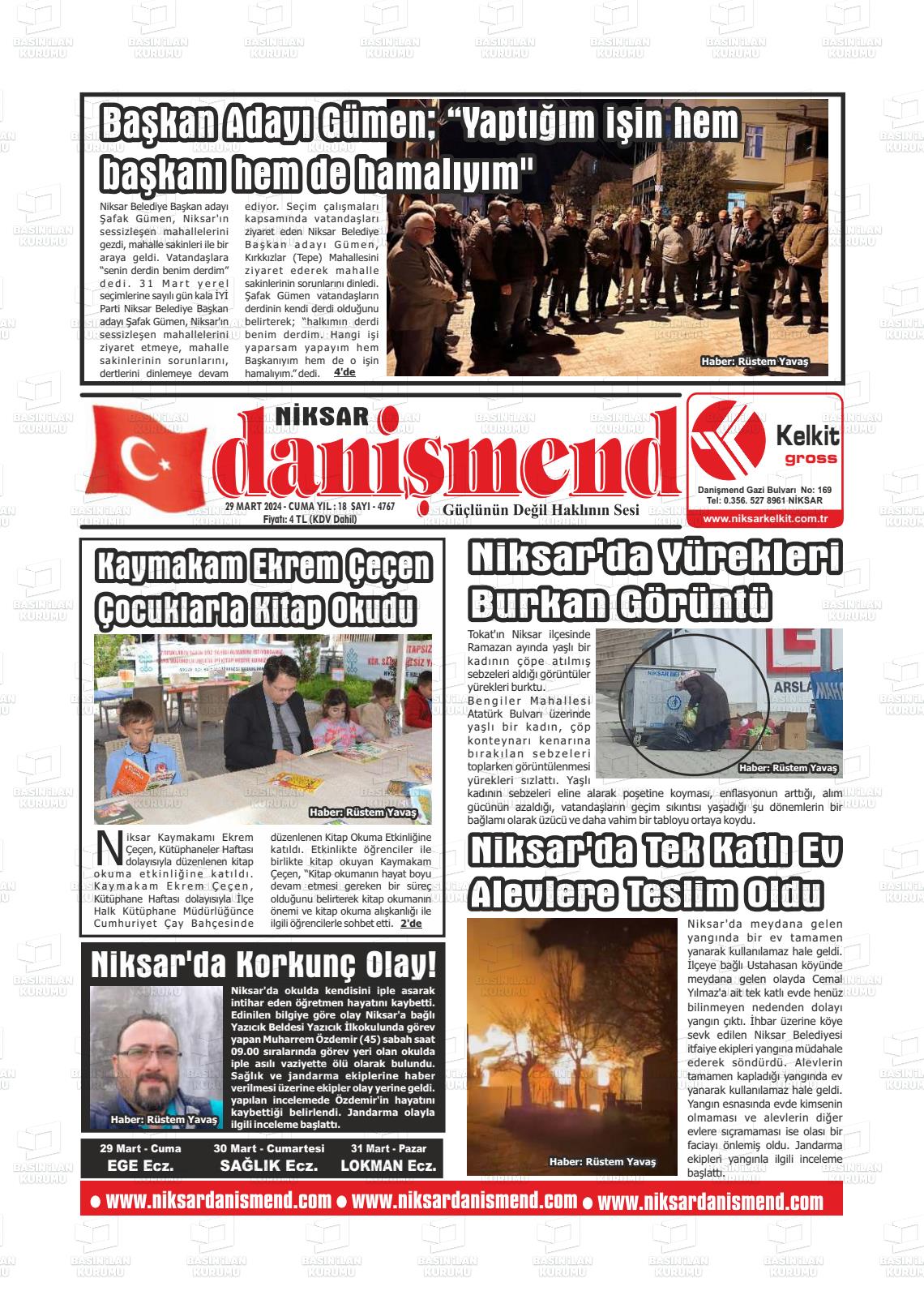 29 Mart 2024 Niksar Danişmend Gazete Manşeti