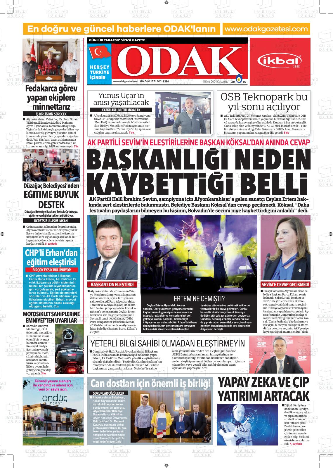 11 Eylül 2024 Odak Gazete Manşeti