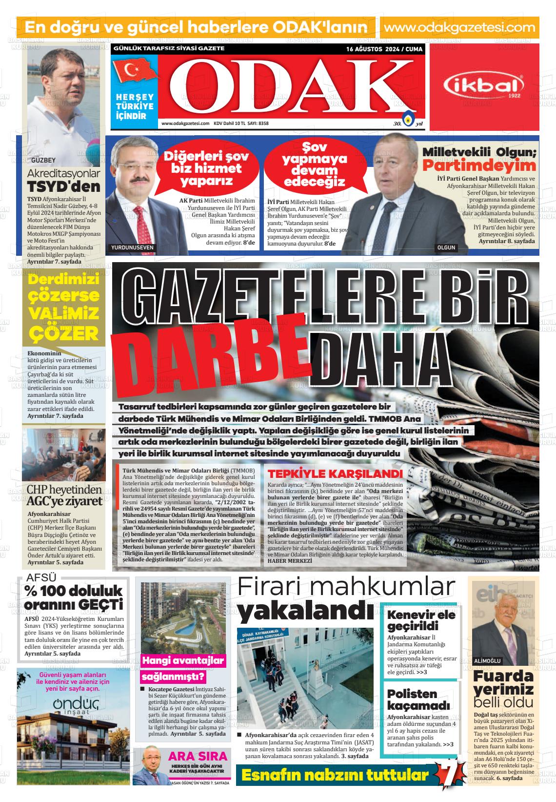 16 Ağustos 2024 Odak Gazete Manşeti