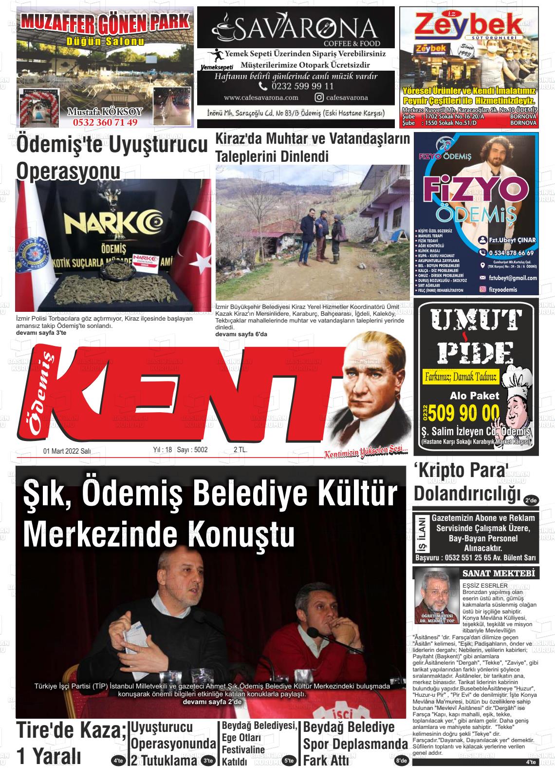 01 Mart 2022 Ödemiş Kent Gazete Manşeti