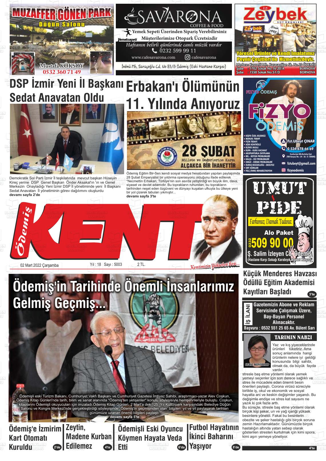 02 Mart 2022 Ödemiş Kent Gazete Manşeti