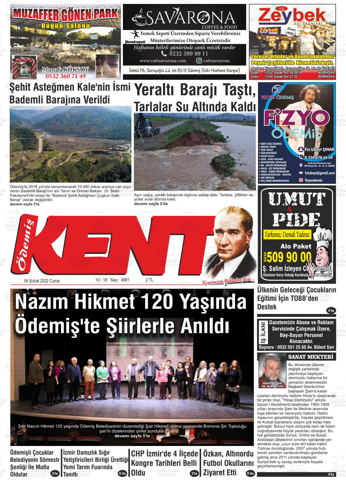 04 Şubat 2022 Ödemiş Kent Gazete Manşeti