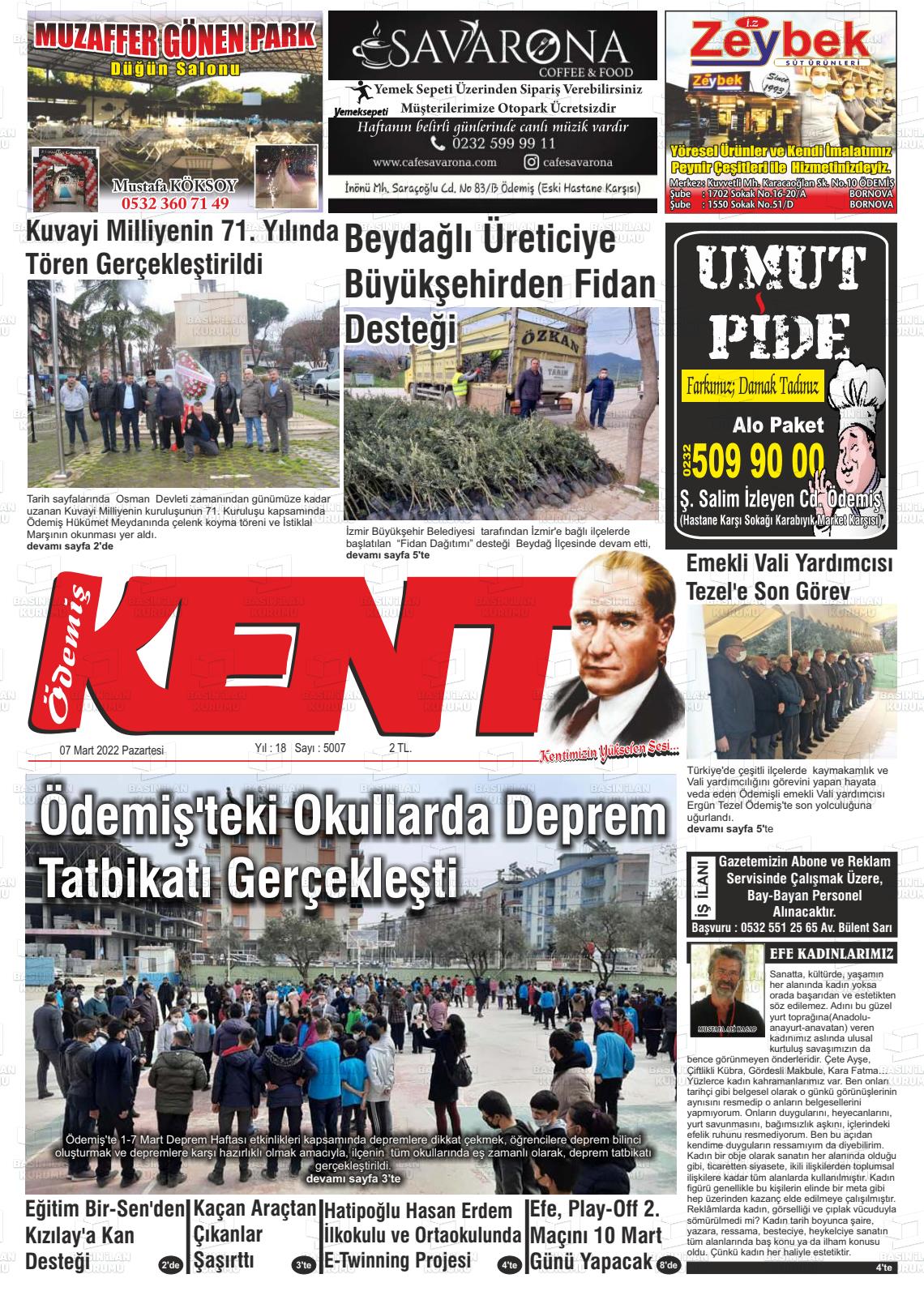 07 Mart 2022 Ödemiş Kent Gazete Manşeti