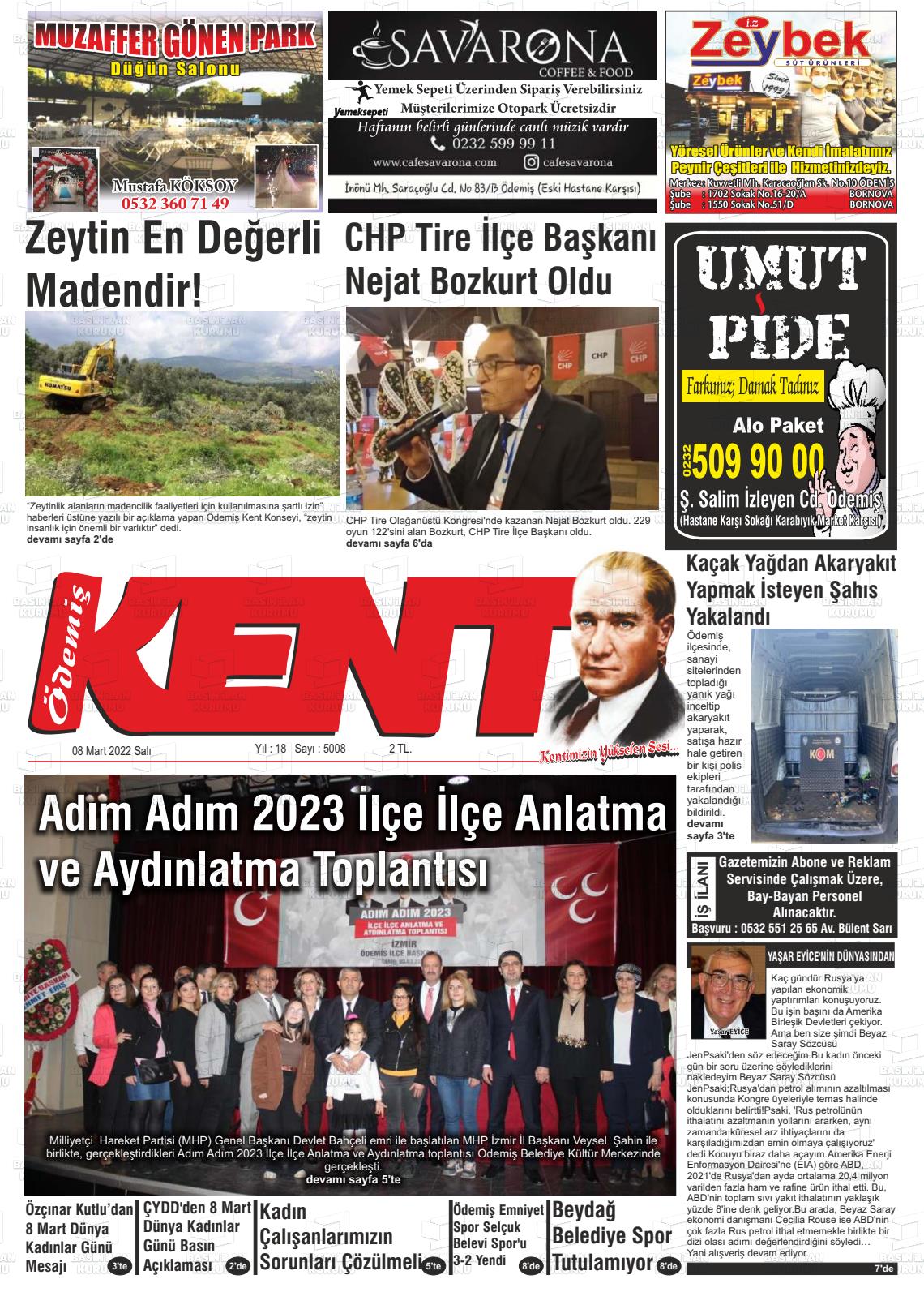 08 Mart 2022 Ödemiş Kent Gazete Manşeti