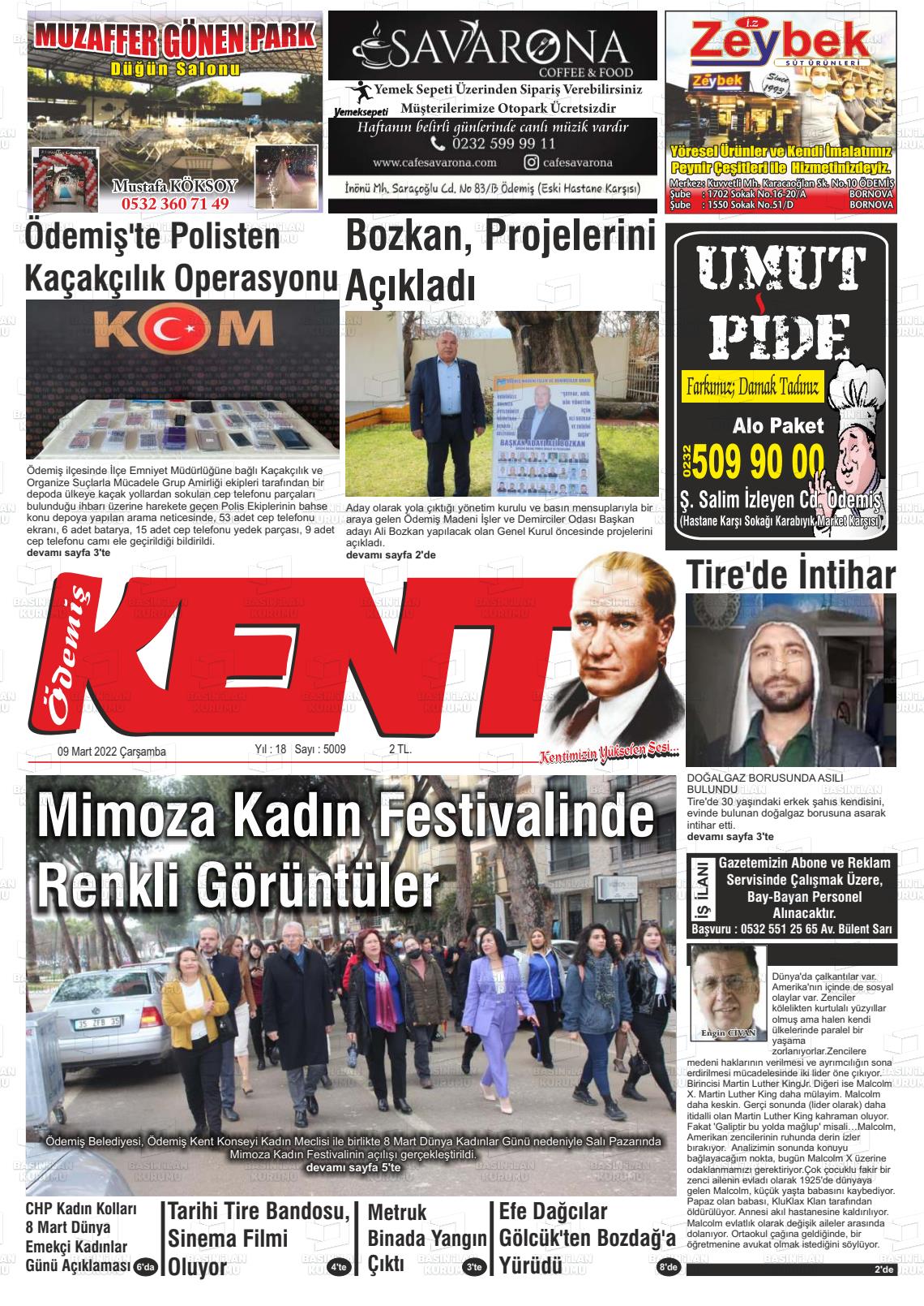 09 Mart 2022 Ödemiş Kent Gazete Manşeti