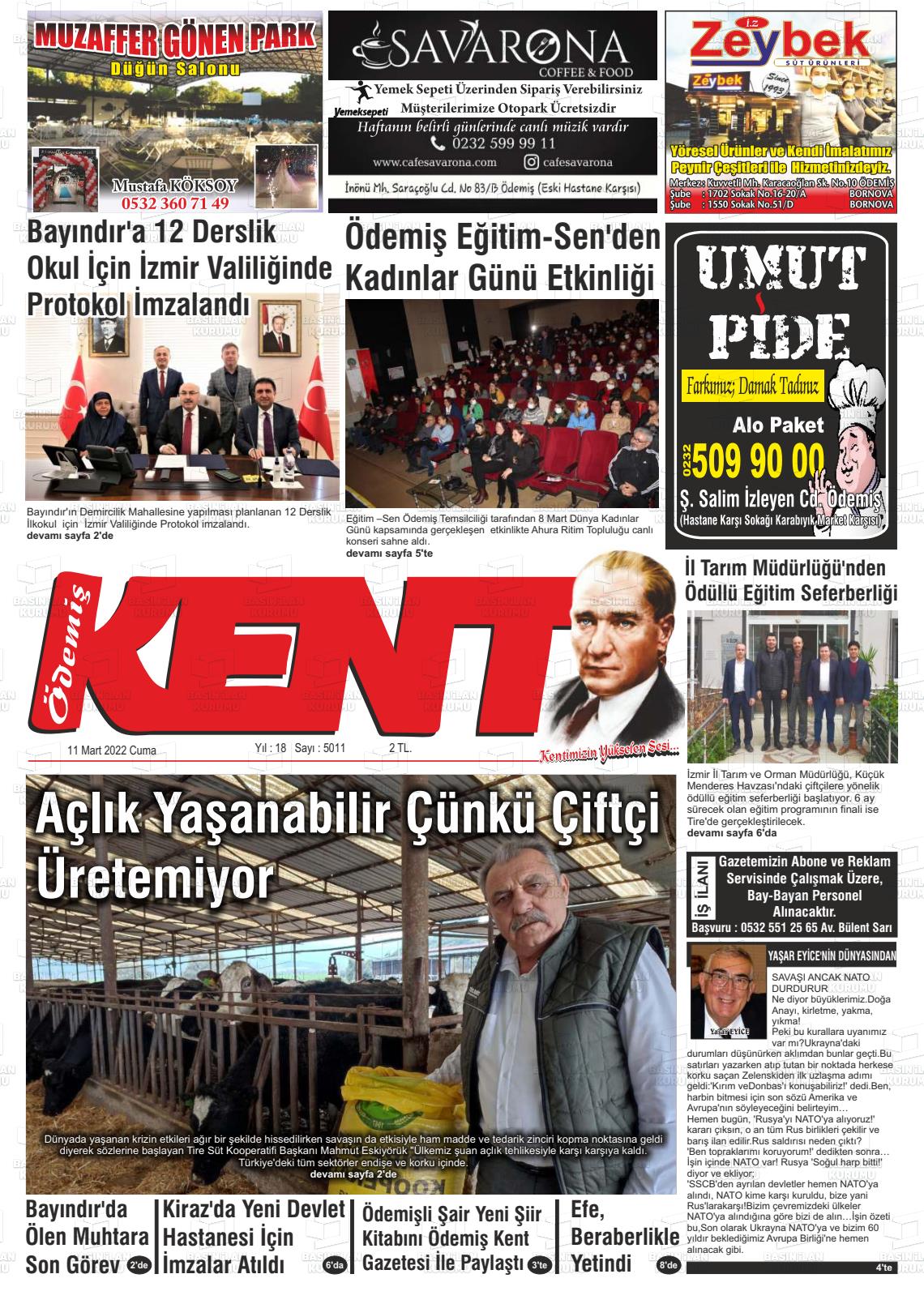 11 Mart 2022 Ödemiş Kent Gazete Manşeti