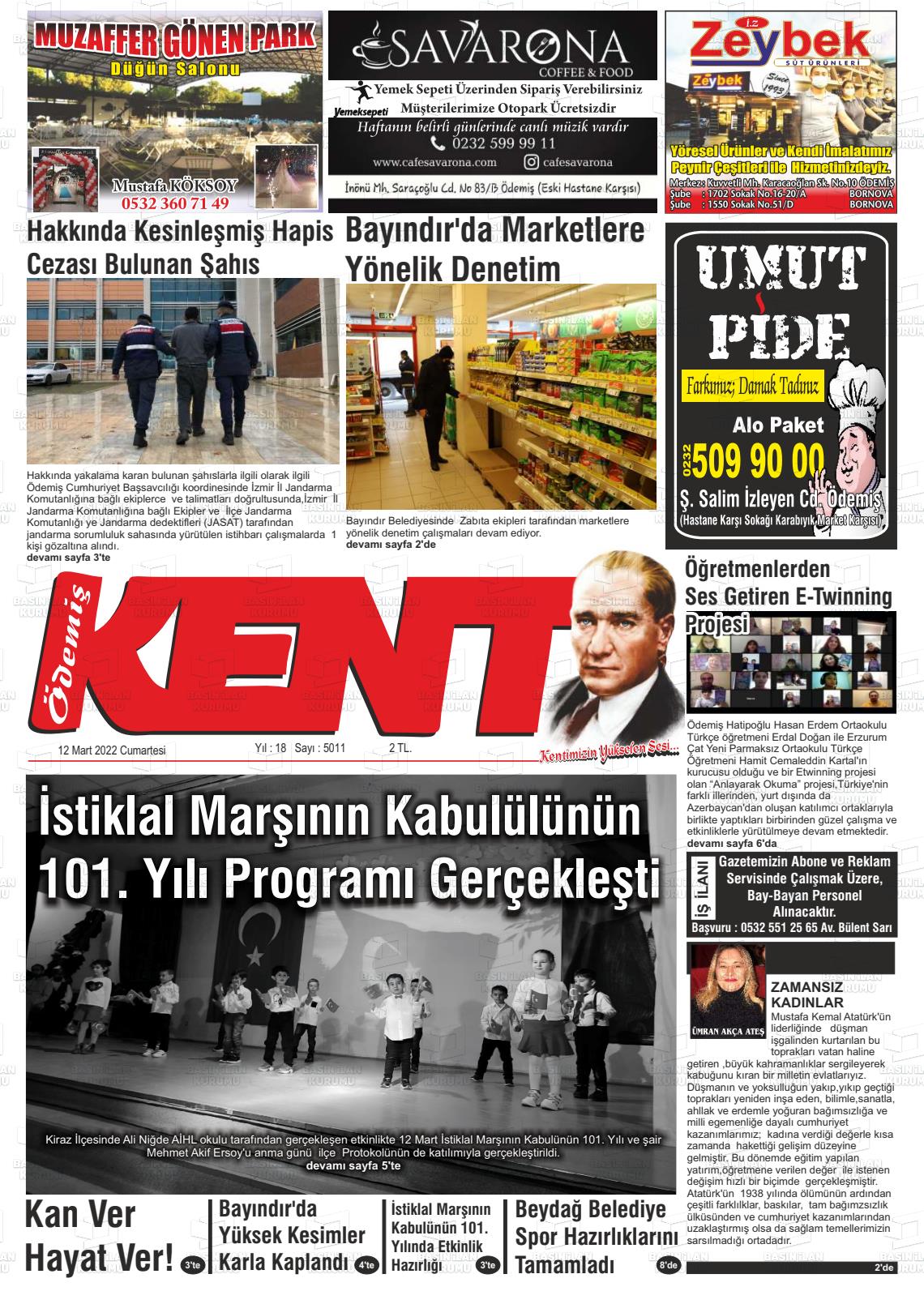 12 Mart 2022 Ödemiş Kent Gazete Manşeti