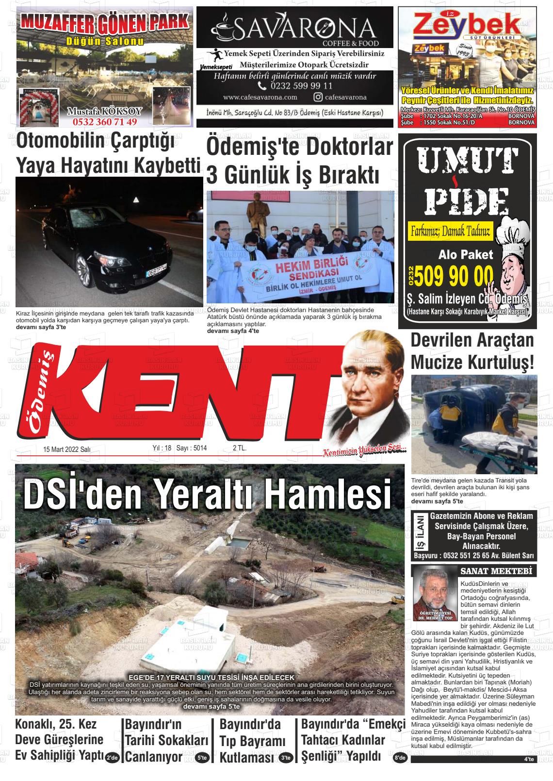 15 Mart 2022 Ödemiş Kent Gazete Manşeti